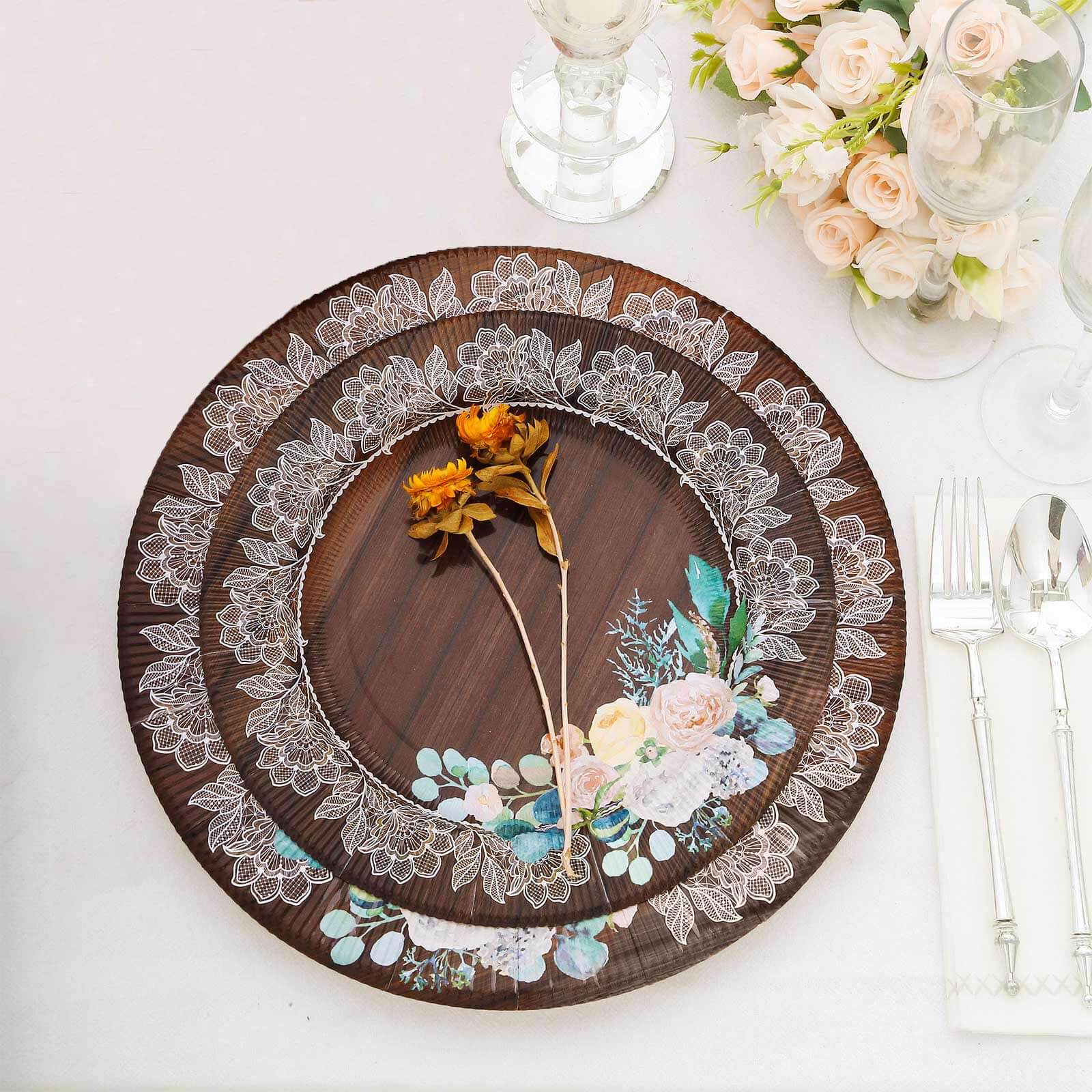 25-Pack Paper 8" Round Dessert Plates in Brown Wood Print with Floral Lace Rim - Disposable Salad Appetizer Plates for Farmhouse Events & Rustic Themes