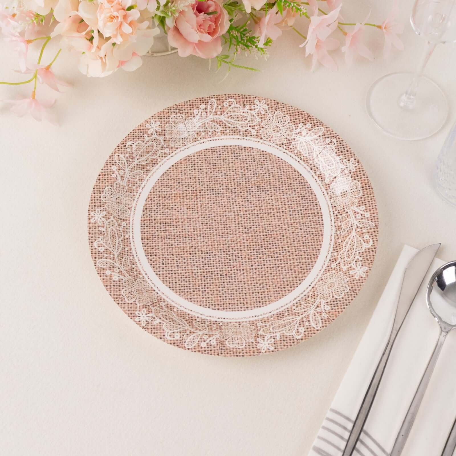 25-Pack Paper 9" Round Dinner Plates in Natural Burlap Print with White Floral Lace Rim - Rustic Farmhouse Inspired Disposable Party Plates