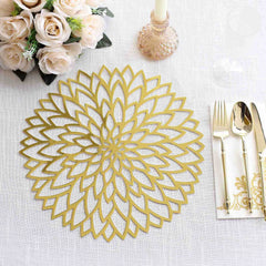 6-Pack Disposable Table Placemats in Metallic Gold with Laser Cut Hibiscus Flower Design - 400GSM Cardboard Placemats for Glamorous Table Decor 13"