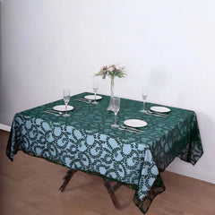 Tulle 72"x72" Table Overlay Square Tablecloth Hunter Emerald Green - Sequin Leaf Embroidered Table Topper