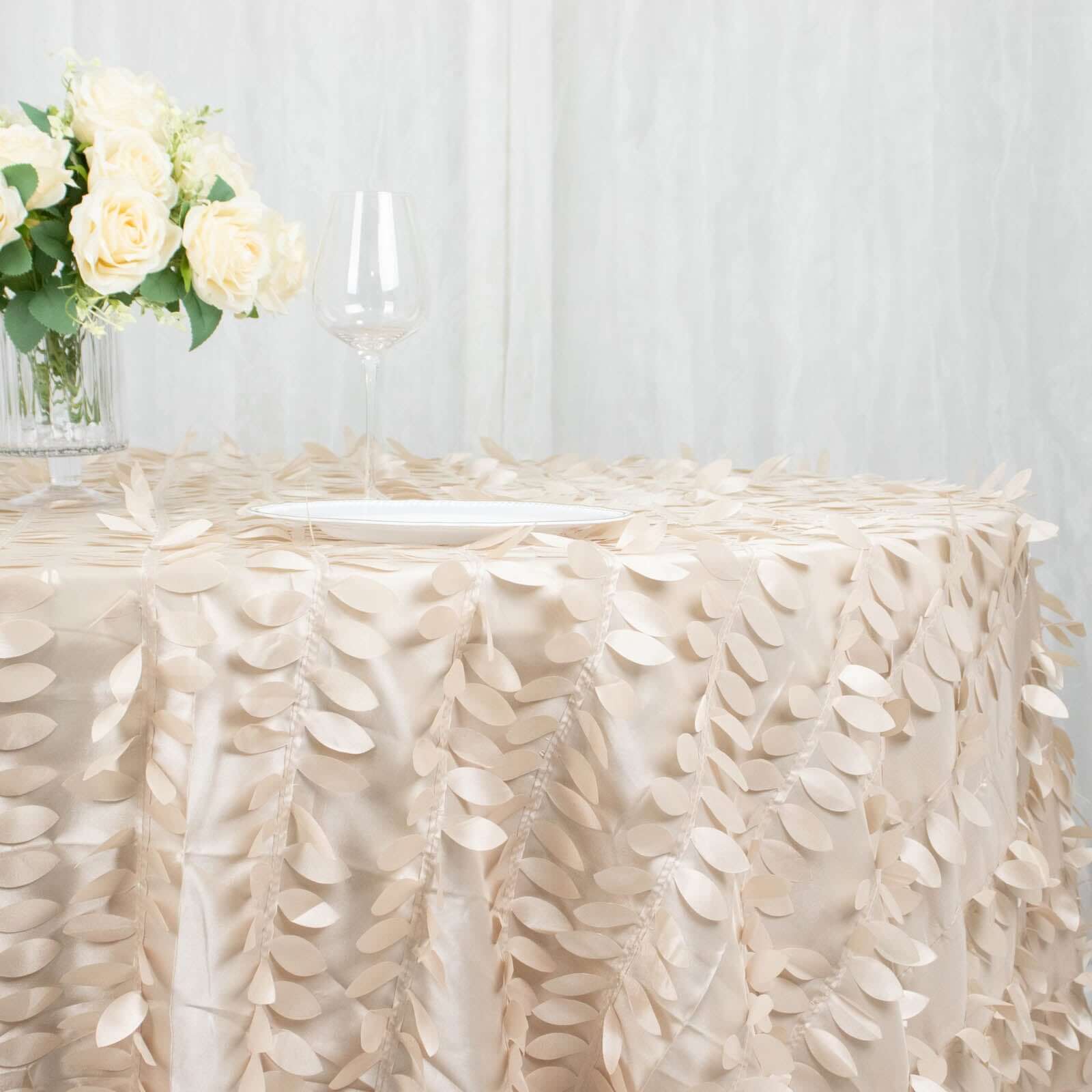 Taffeta 132" Round Tablecloth Beige | 3D Leaf Petal Design Seamless Table Cover