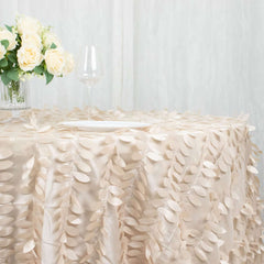 Taffeta 132" Round Tablecloth Beige | 3D Leaf Petal Design Seamless Table Cover
