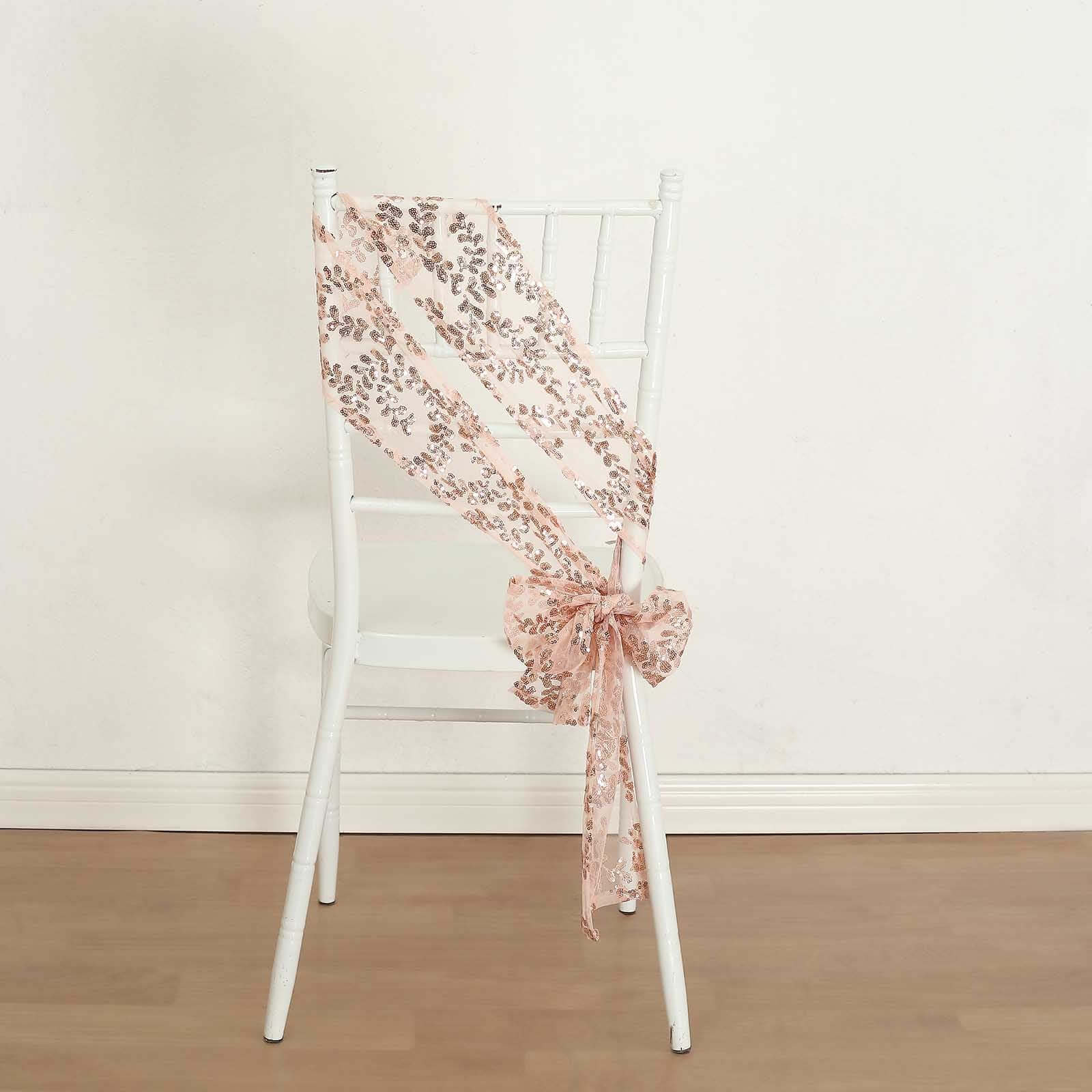5 Pack Tulle Chair Sashes with Leaf Vine Embroidered Sequins Rose Gold 6"x88"