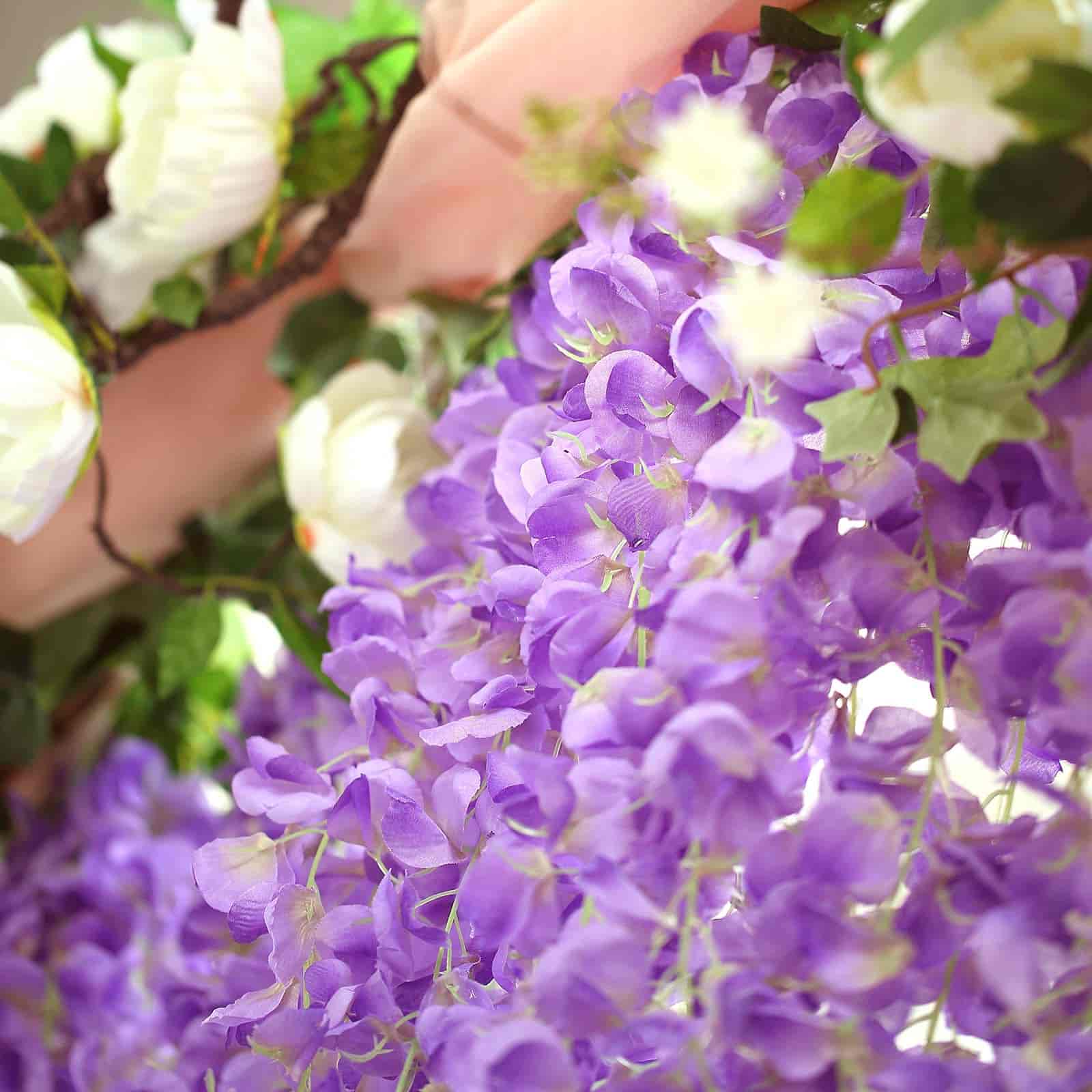 42" Silk Hanging Wisteria Flower Garland Vines in Lavender Lilac, Elaborated 5 Full Strands in 1 Bush