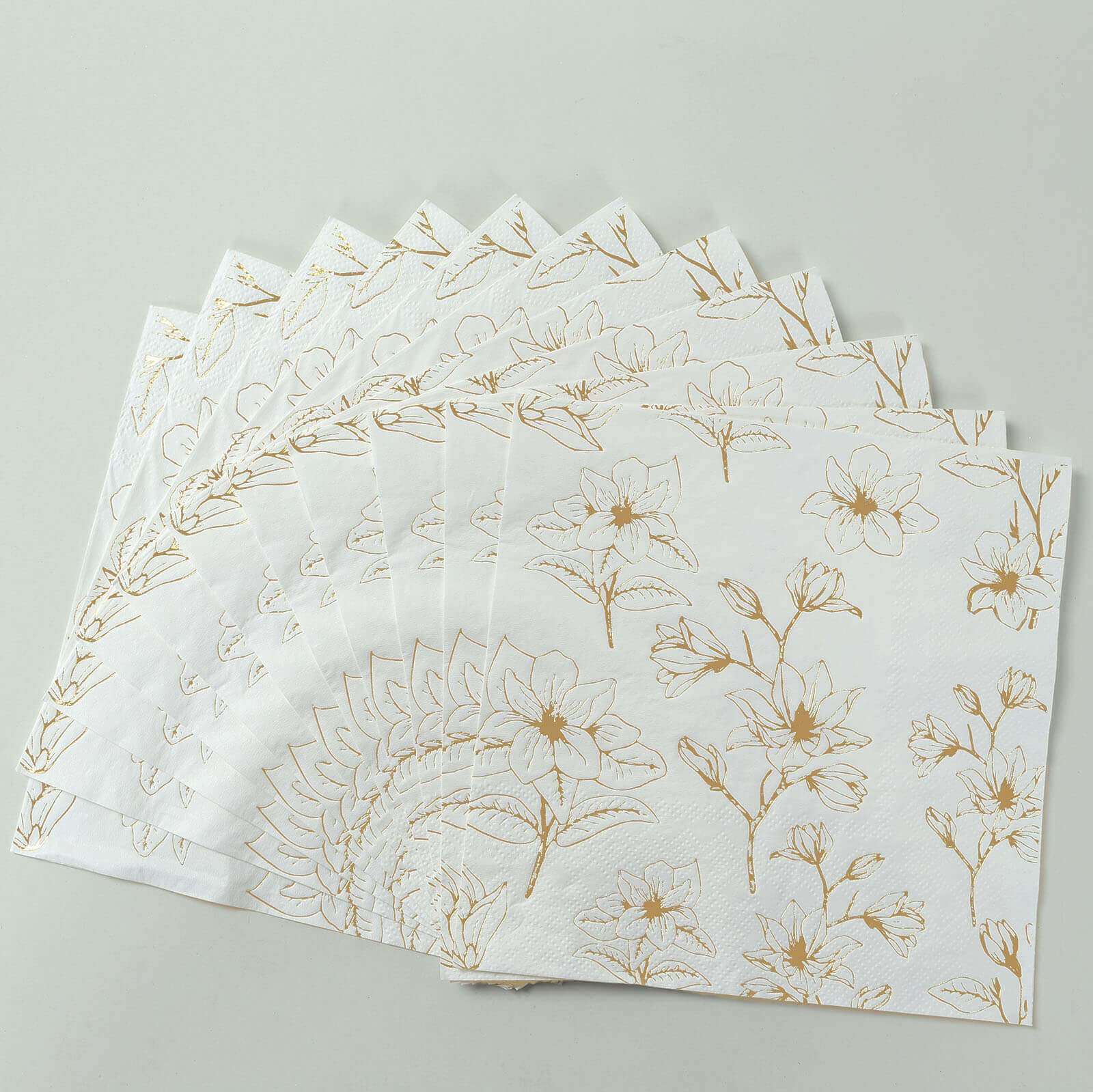 50-Pack Paper Cocktail Napkins with Gold Magnolia Flowers Print White - Highly 2 Ply Absorbent Soft Napkins for Beverages