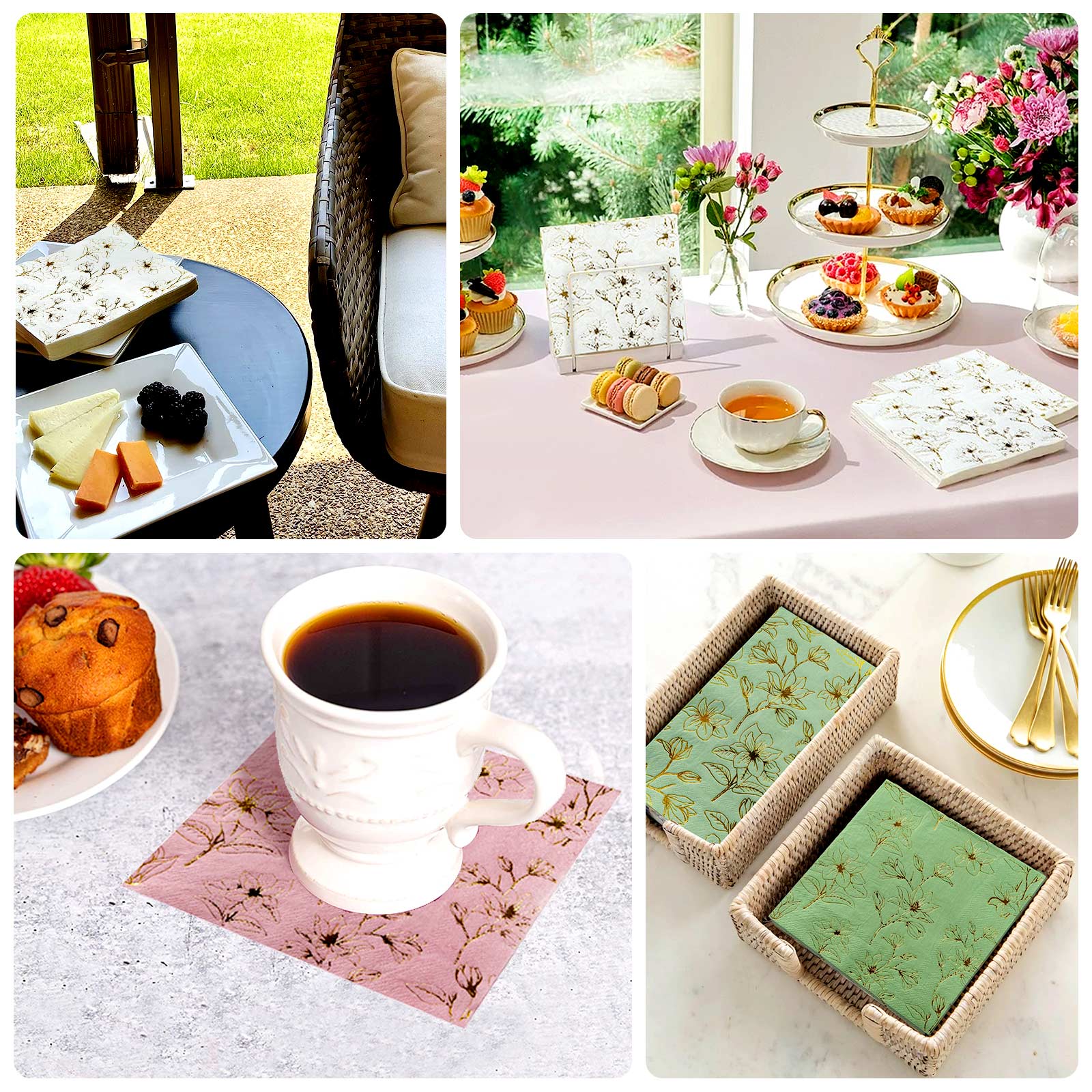 50-Pack Paper Cocktail Napkins with Gold Magnolia Flowers Print White - Highly 2 Ply Absorbent Soft Napkins for Beverages