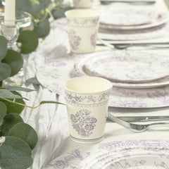 24 Pack Disposable Paper Cups in White Lavender Damask Floral Pattern, Elegant Party Cups - 9oz