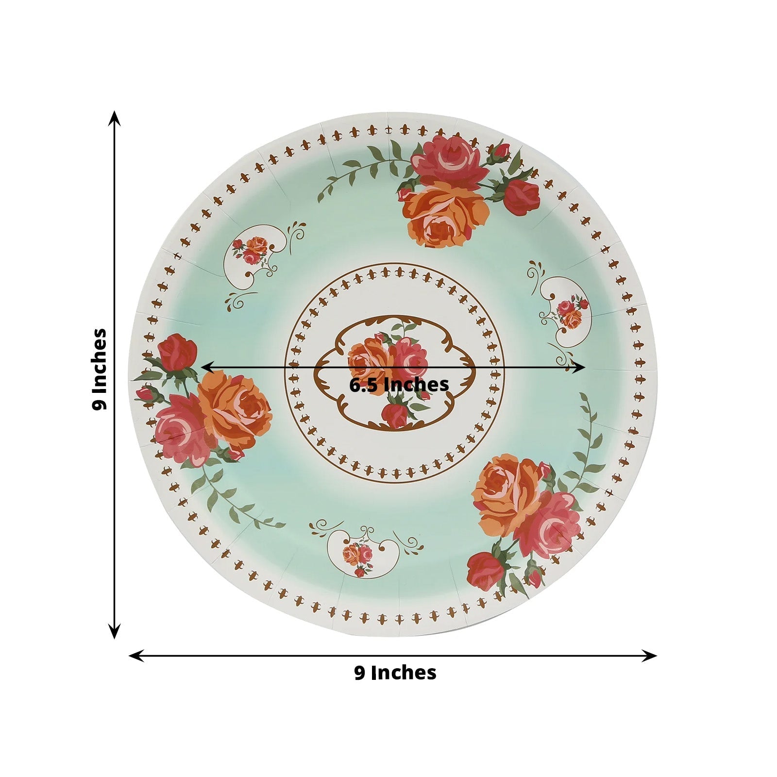 25-Pack Paper 9" Round Dinner Plates in Light Turquoise with Vintage Rose Flower Print
