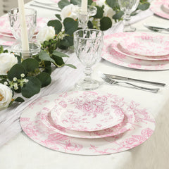 25-Pack Paper 9" Round Dinner Plates in White with Matte Pink French Toile Pattern - Disposable Floral Party Plates