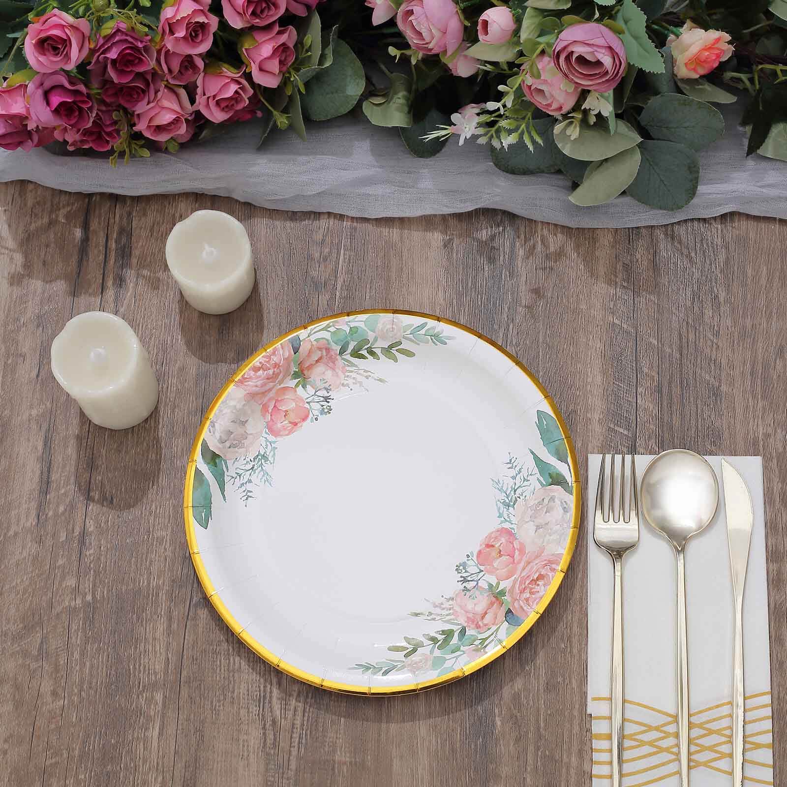 25-Pack Paper 9" Round Dinner Plates White with Peony Floral Design & Gold Rim - Disposable Floral Party Plates for Brunches & Afternoon Teas