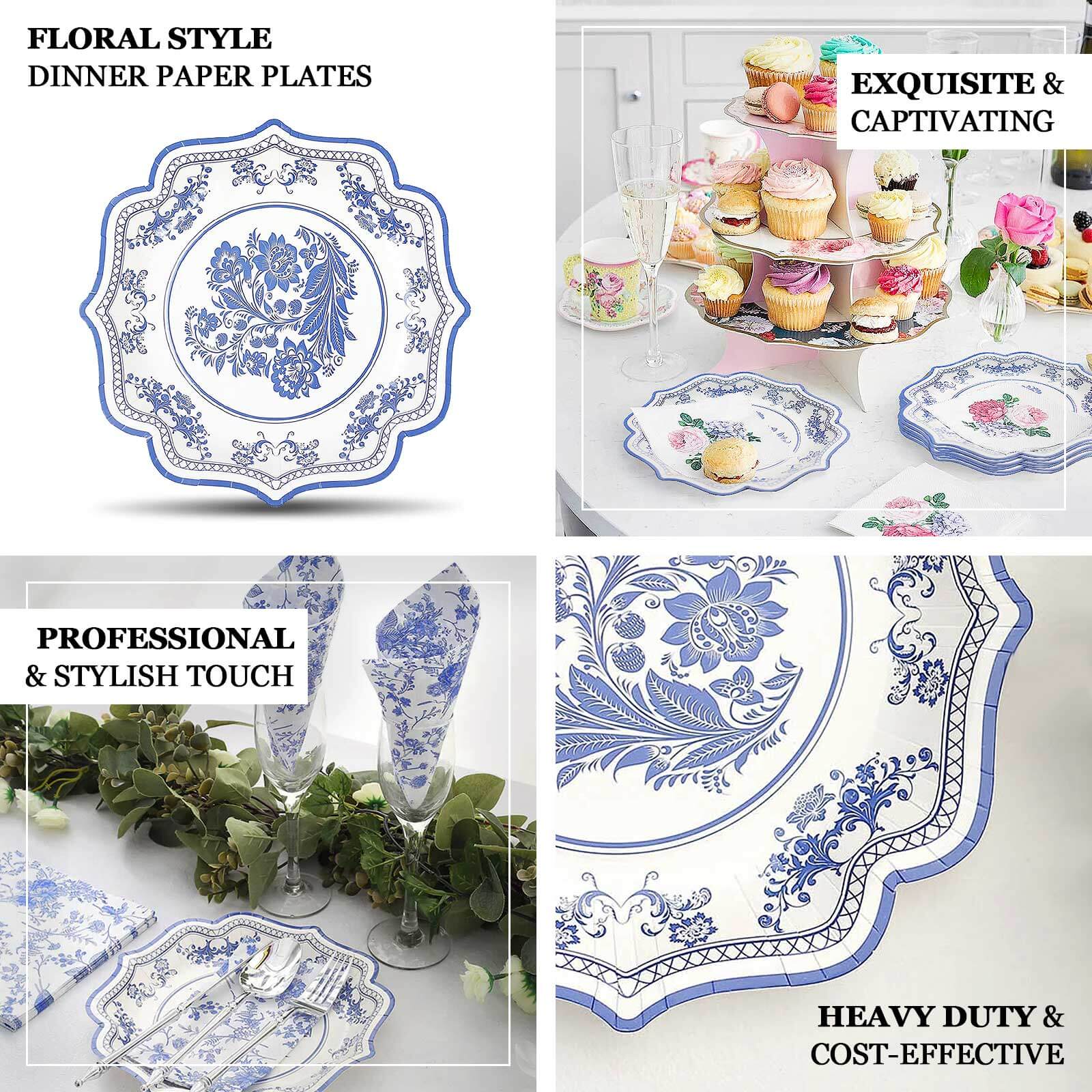 25-Pack Paper Dessert Plates in White with Light Blue Damask Floral Print & Scallop Rim - Stylish Disposable 300GSM Floral Salad Appetizer Plates 8"