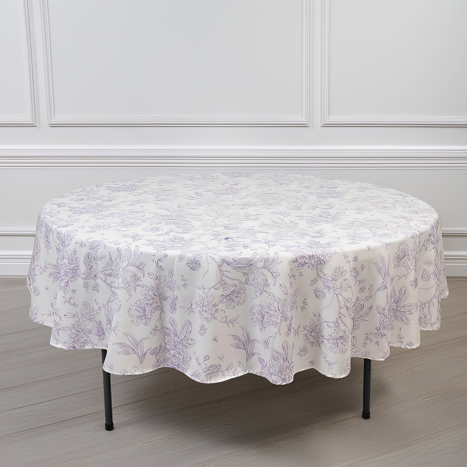 Polyester 90" Round Tablecloth White - Lavender Lilac French Toile Pattern for Chic Weddings