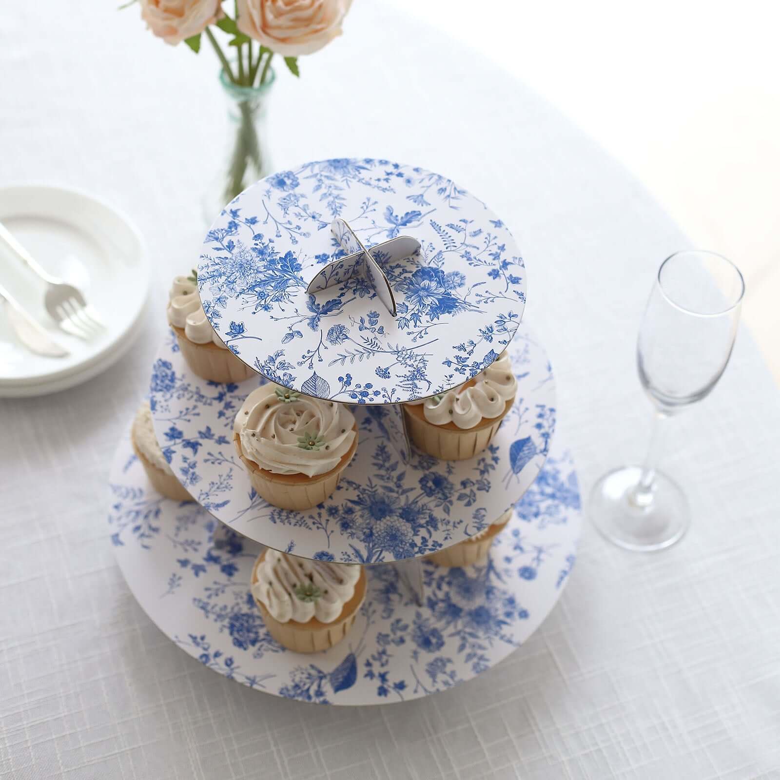3-Tier Cardboard Cupcake Stand White with Blue French Toile Pattern - Reusable Dessert Display Stand Round Serving Platter for High-Tea Gatherings Weddings & Spring Celebrations 11"