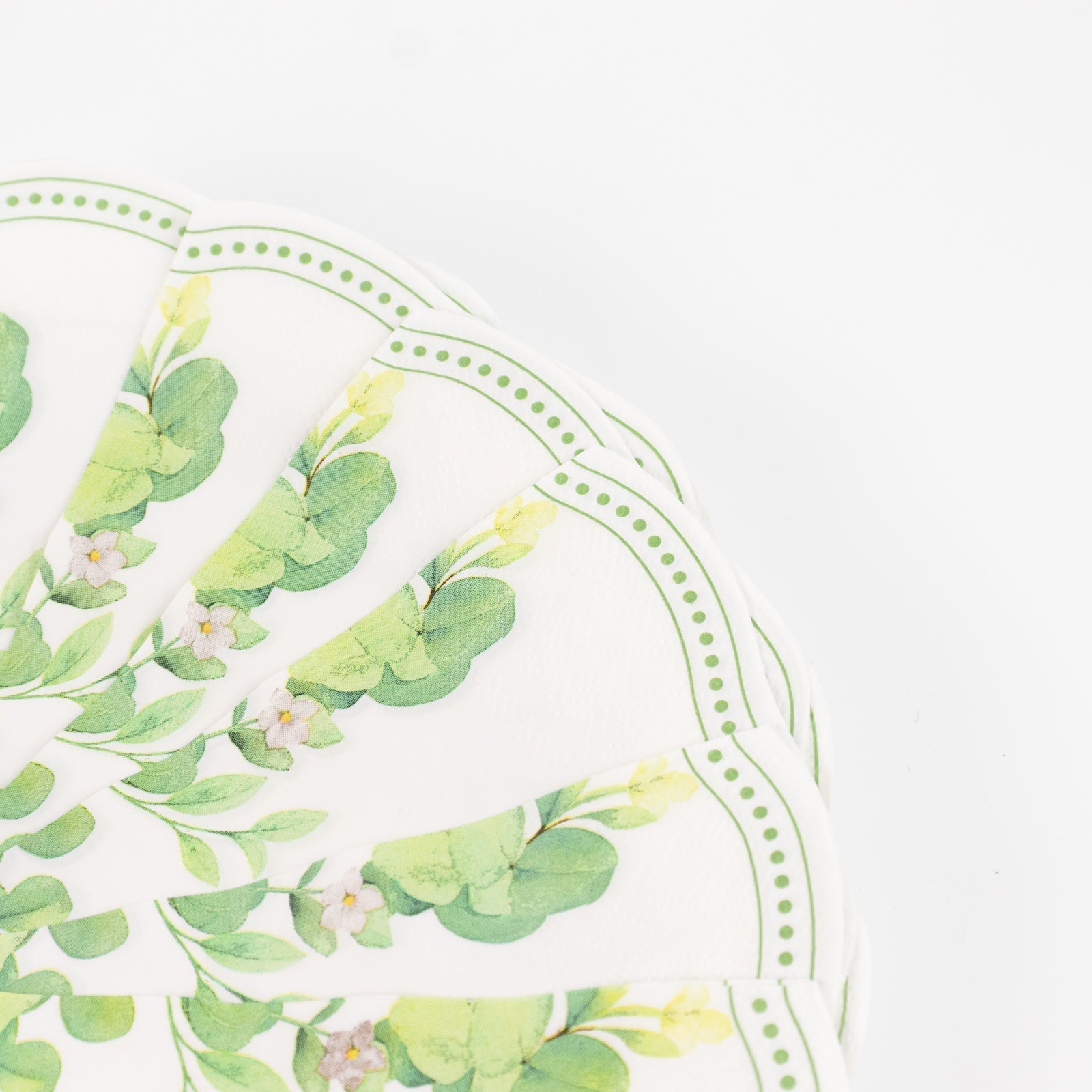 25-Pack Round Paper Cocktail Napkins with Floral Greenery and Scalloped Edge White - Disposable 2 Ply Beverage Napkins 6.25"x6.25"