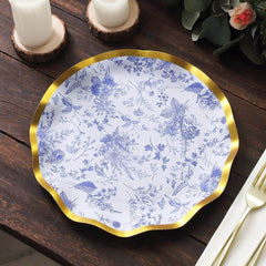 25-Pack Paper Round Dinner Plates 10" in White with Blue French Toile Pattern & Gold Wavy Rim - Disposable 350GSM Party Plates