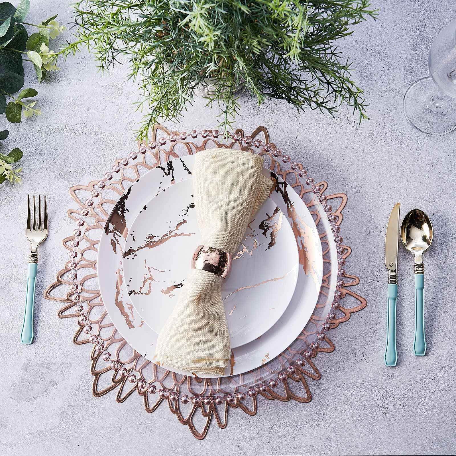 6-Pack Dining Table Mats Floral Design Rose Gold - Metallic Vinyl Round Non-Slip Mats for Tables 15"