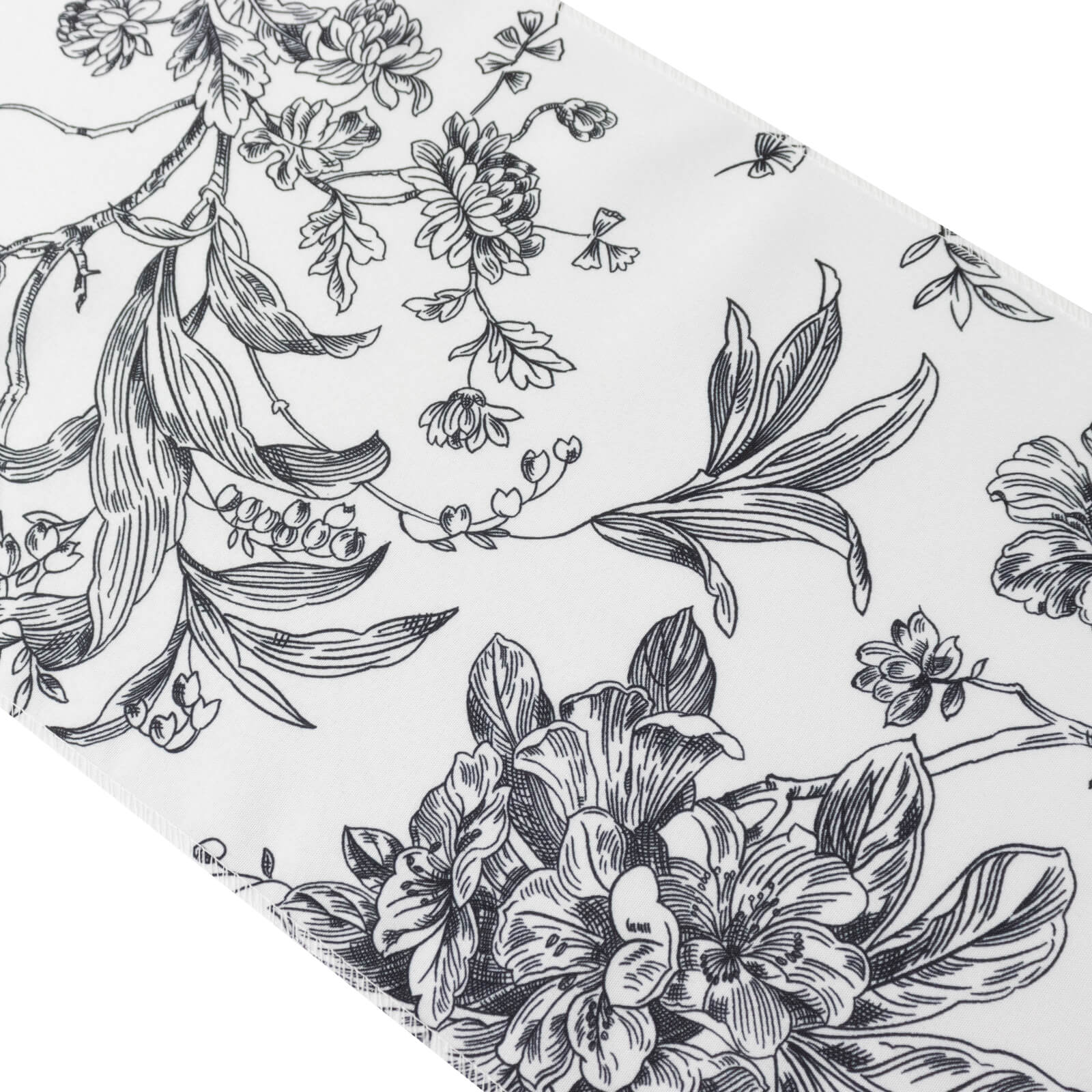 Polyester Table Runner 12"x108" White with Black French Toile Floral Print Reusable Table Décor