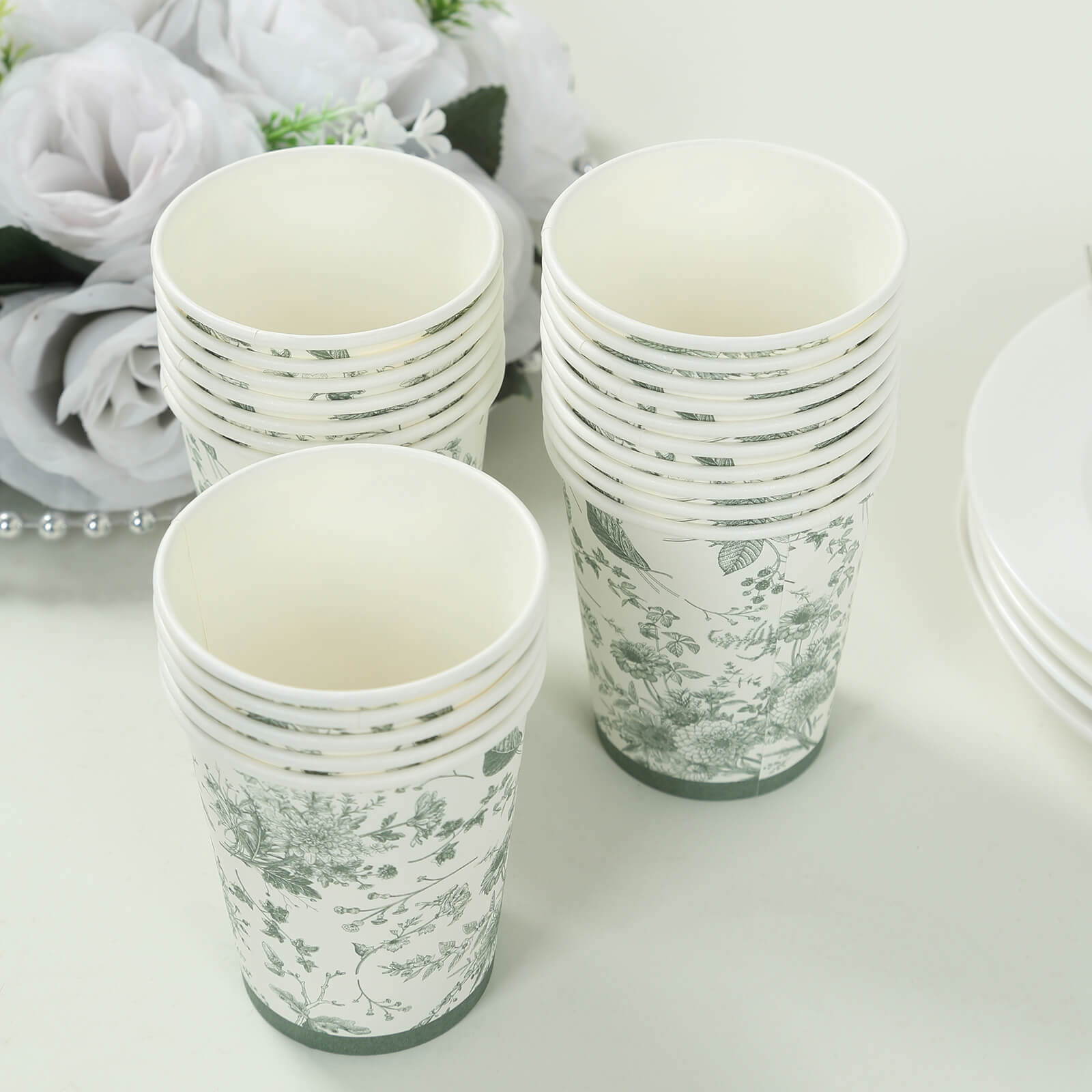 24 Pack Disposable Paper Cups in White Sage Green French Toile Pattern, Elegant Party Cups - 9oz