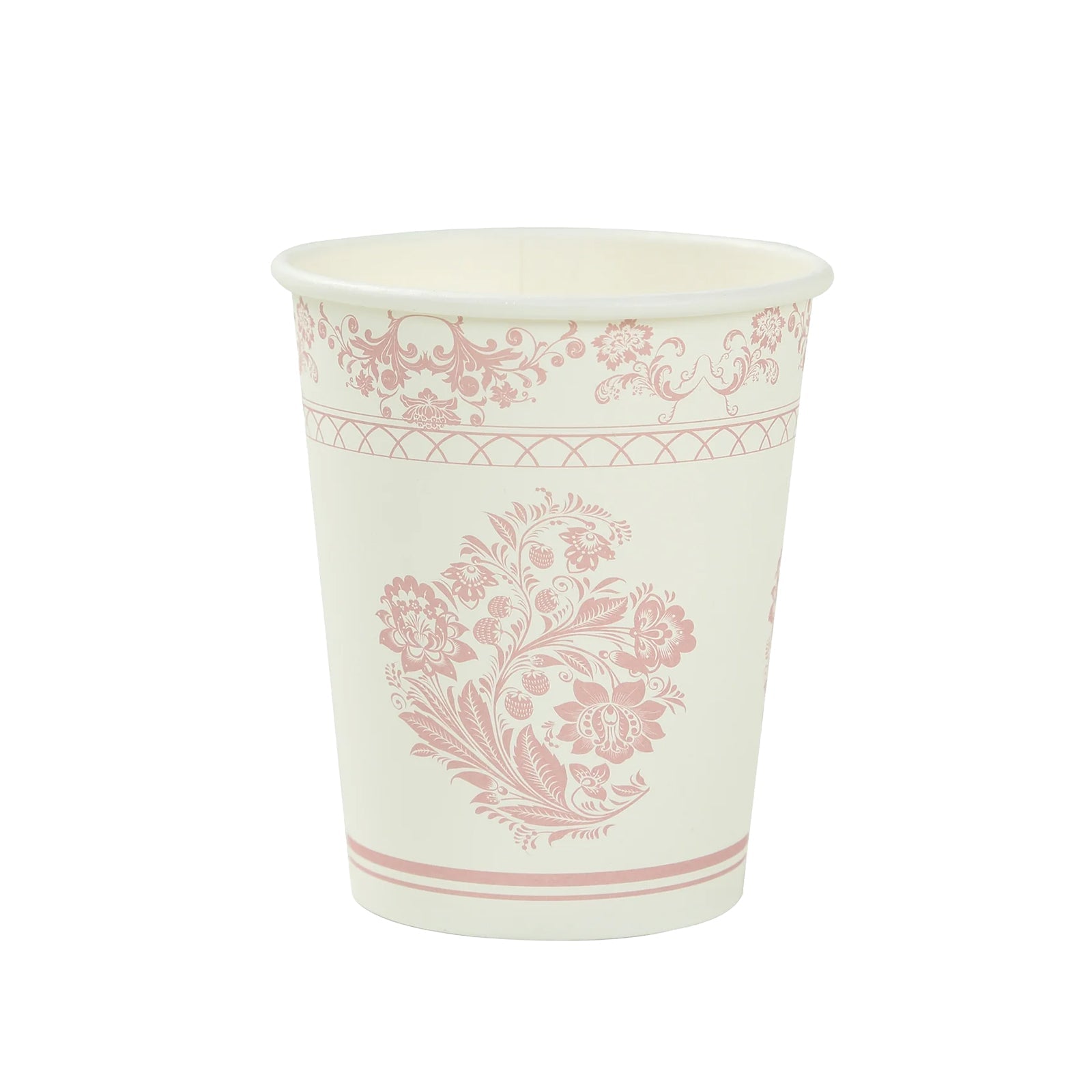 24 Pack Disposable Paper Cups in White Pink Damask Floral Pattern, Elegant Party Cups - 9oz