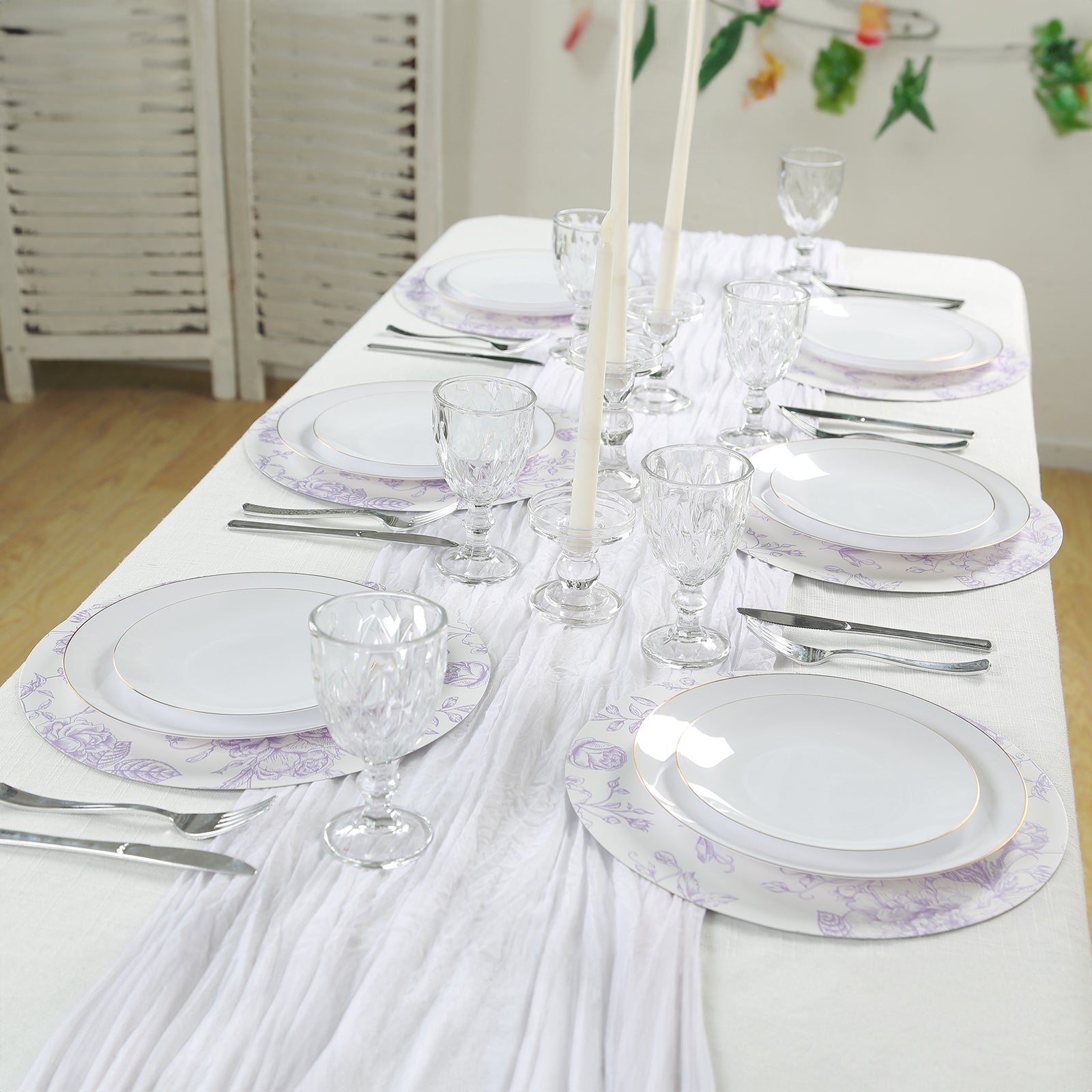 10-Pack Disposable Table Placemats in French Toile Print 13" in White/Matte Lavender - Chic Floral Cardboard Placemats for Stylish Table Setting