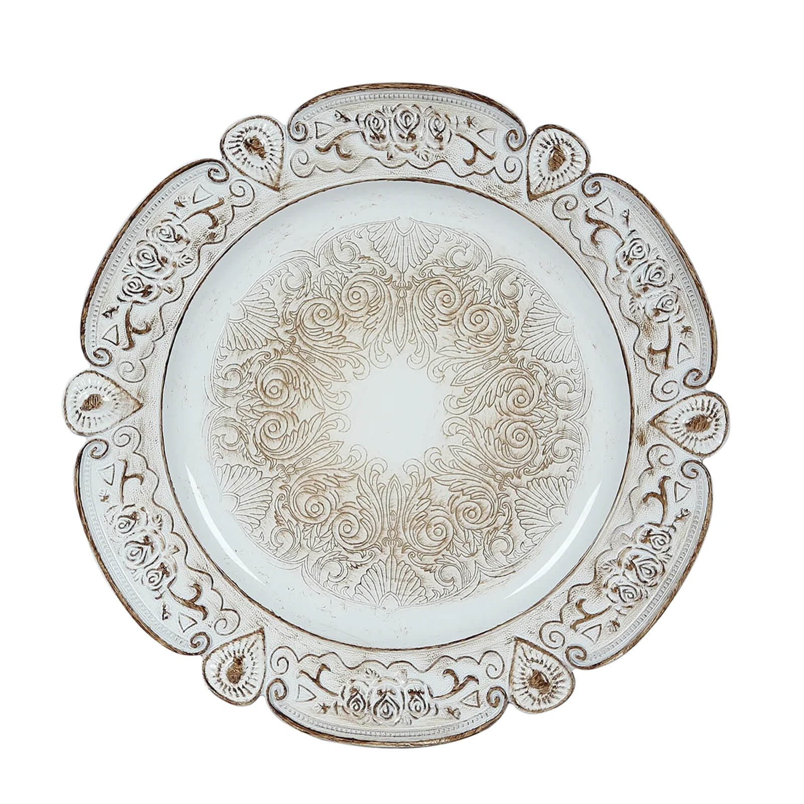 6-Pack Acrylic Round Charger Plates 13" in Antique White Floral Embossed with Scalloped Rim, Plastic Decorative Charger Tableware