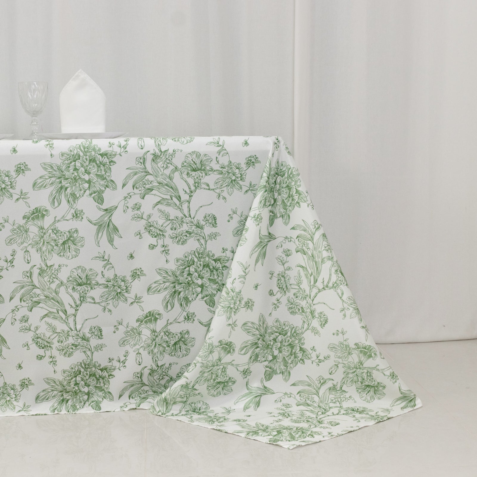 Polyester 90"x132" Rectangle Tablecloth White - Seamless Dusty Sage Green French Toile Pattern for Formal Celebrations
