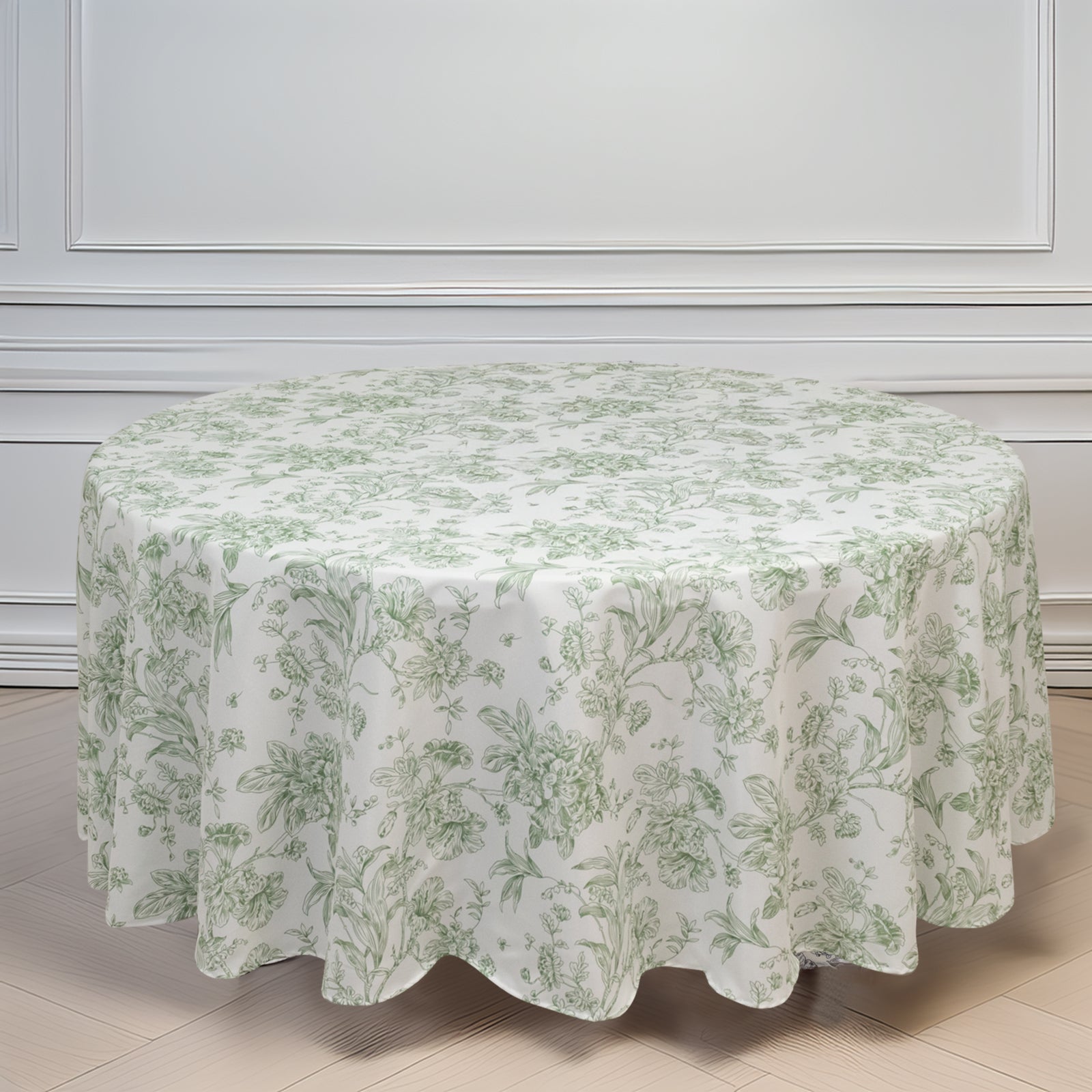 Polyester 108" Round Tablecloth White - Dusty Sage Green French Toile Pattern for Chic Weddings