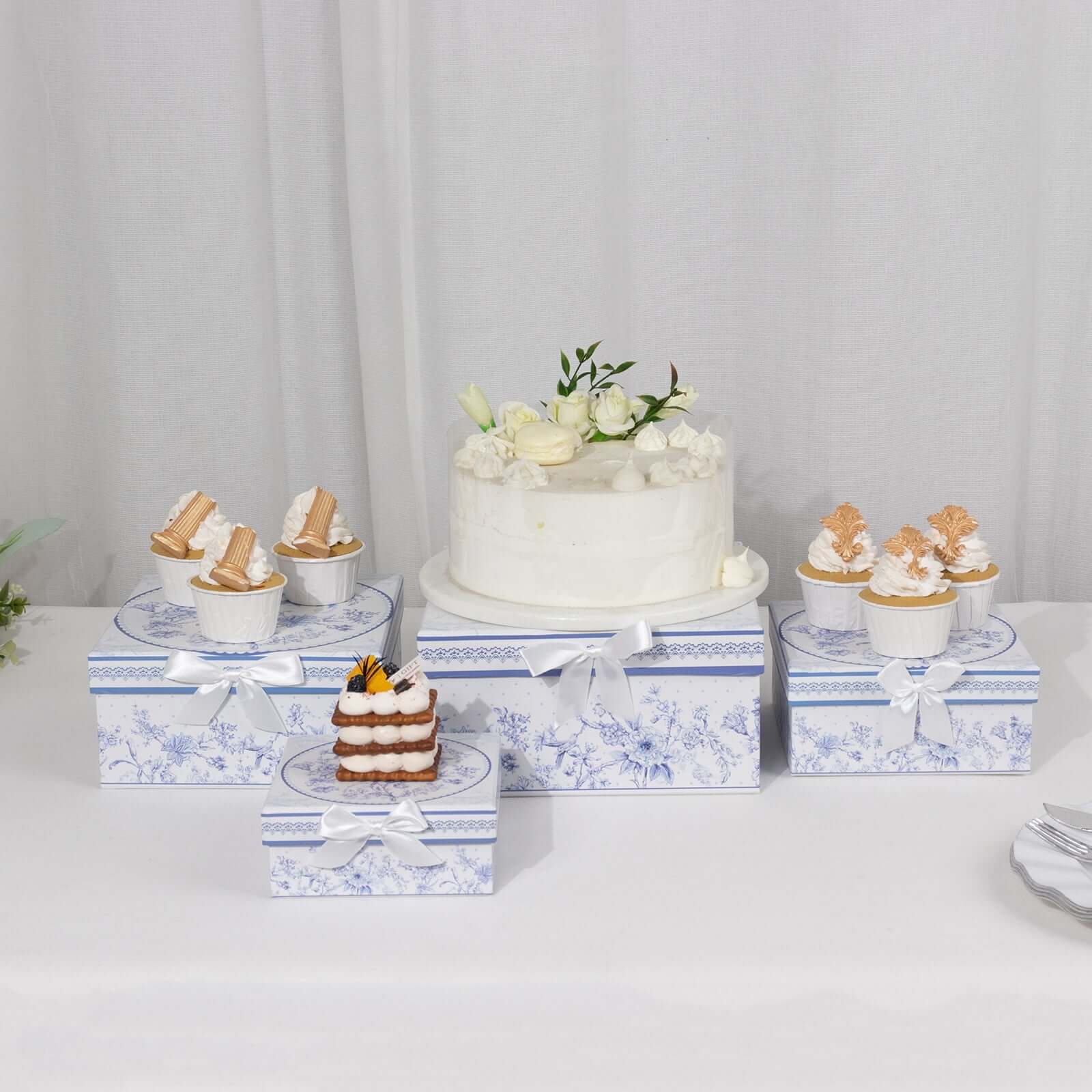 Set of 4 Cardstock Square Nesting Gift Boxes White Blue French Toile Design - Decorative Heavy Duty Stackable Keepsake Boxes With Lids for Presents Storage & Pedestal Stand 6",7",8",9"