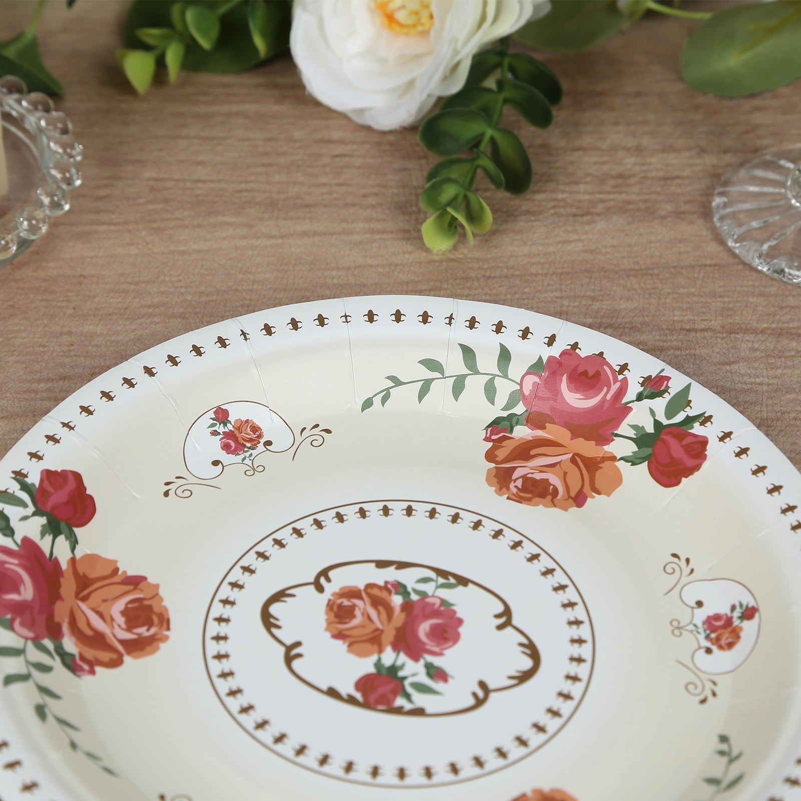 25-Pack Paper 7" Round Dessert Plates in Ivory with Vintage Rose Flower Print - Disposable Appetizer Salad Plates for Bridal Showers & Garden Luncheons