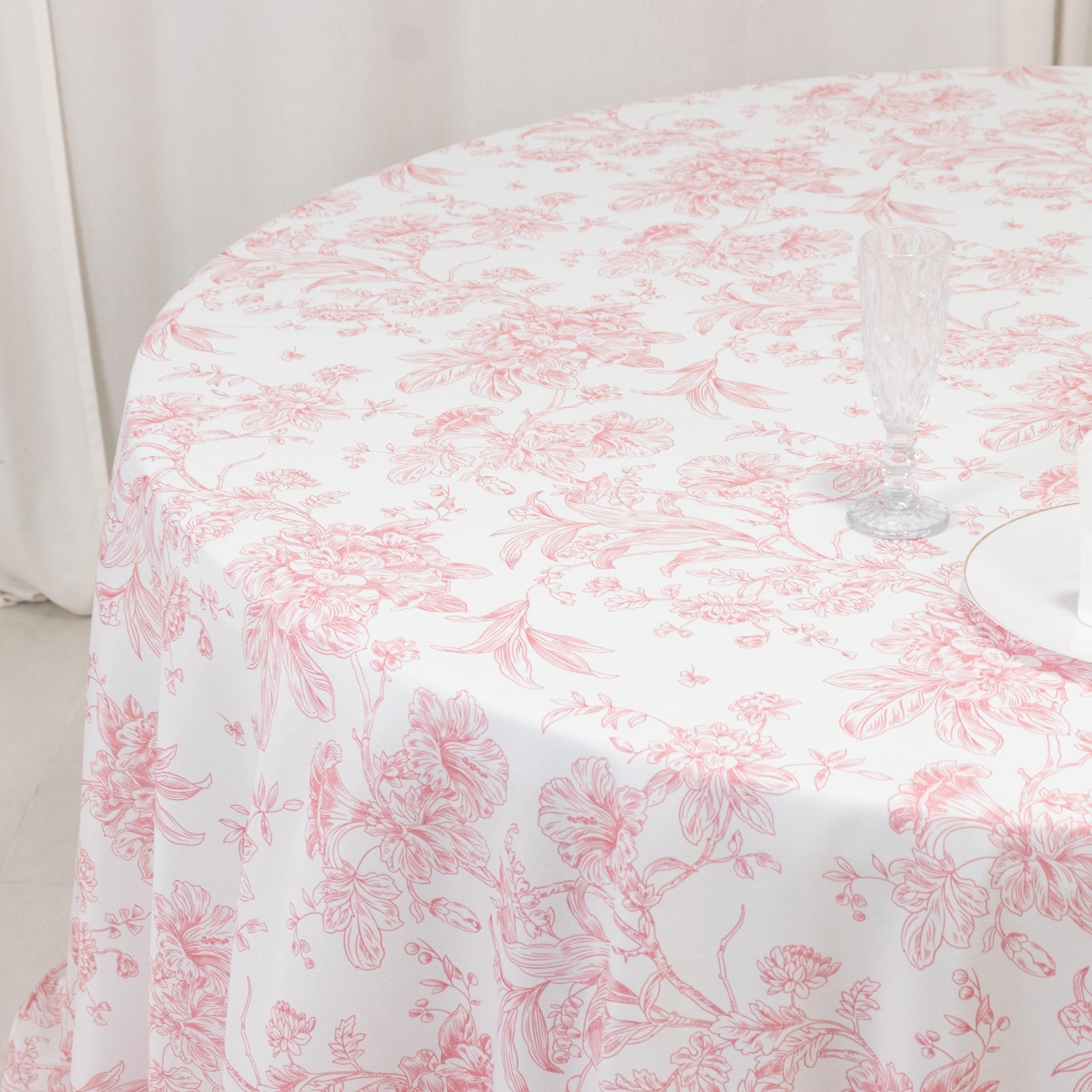 Polyester 132" Round Tablecloth White - Pink French Toile Pattern for Chic Weddings