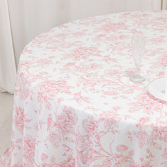 Polyester 132" Round Tablecloth White - Pink French Toile Pattern for Chic Weddings