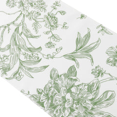Polyester Table Runner 12"x108" White with Dusty Sage Green French Toile Floral Print Reusable Table Décor