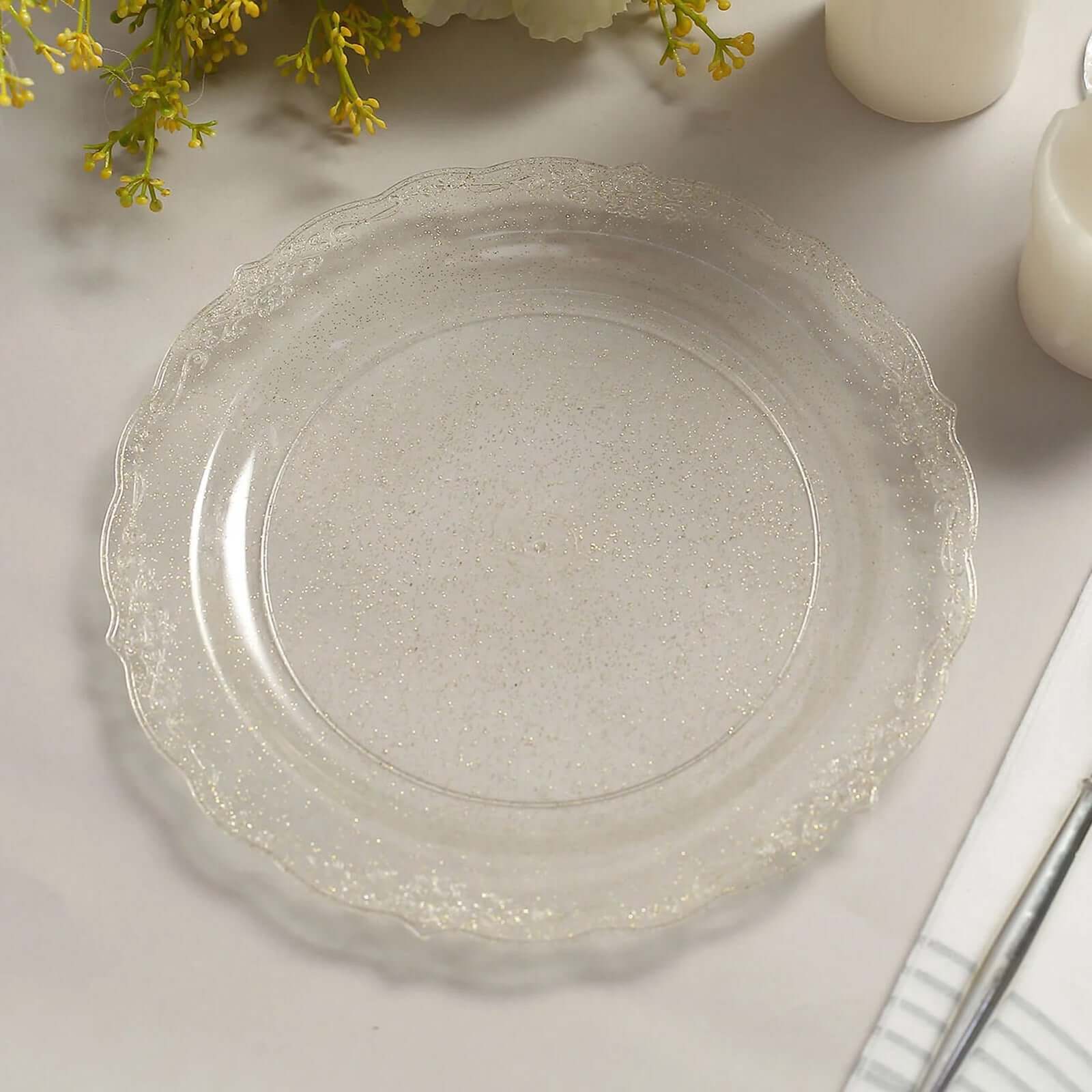 12-Pack Plastic 7" Round Salad Plates Clear with Gold Glitters & Floral Edge