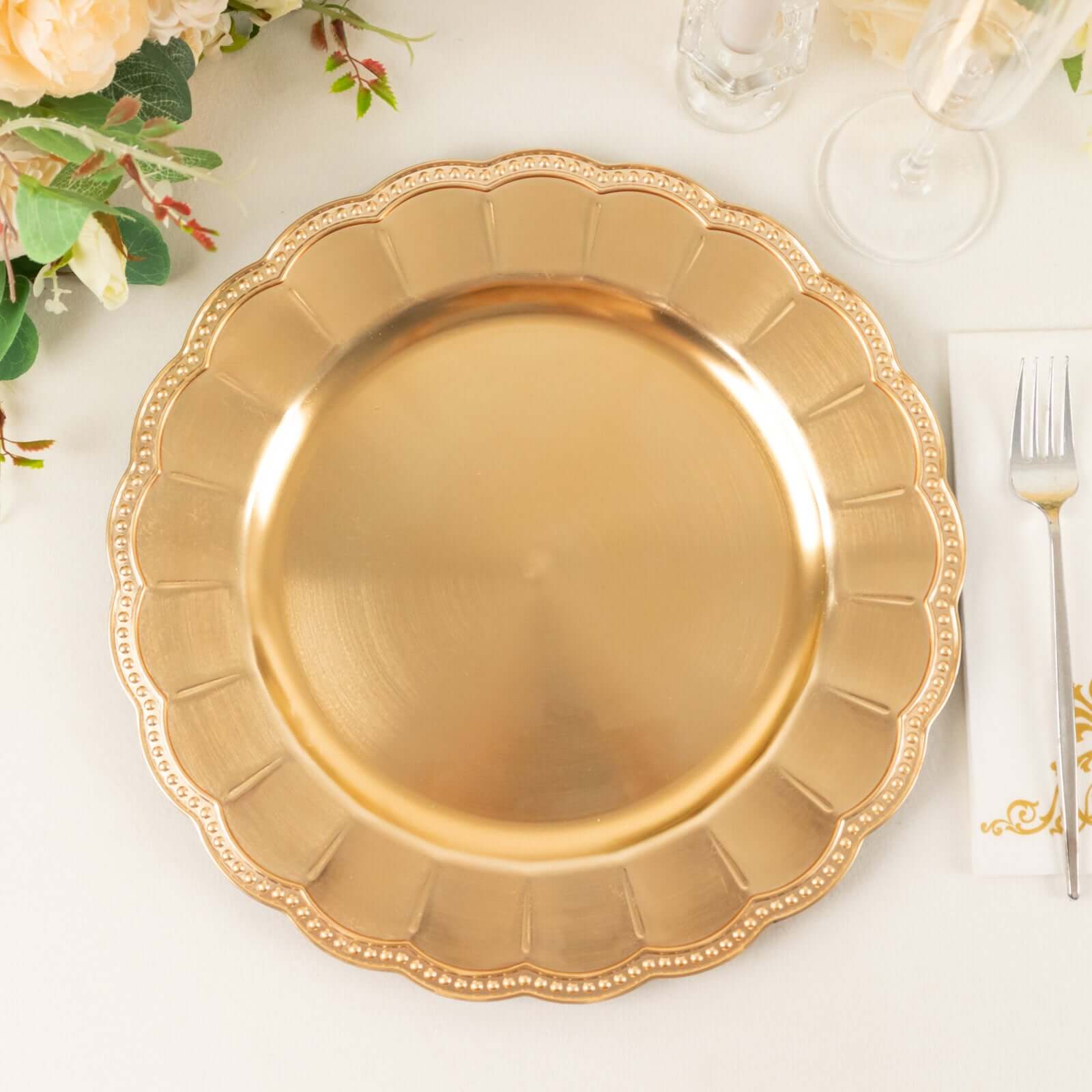 6-Pack Acrylic Round Charger Plates 13" in Metallic Gold with Beaded Sunflower Rim, Plastic Dinner Party Charger Tableware