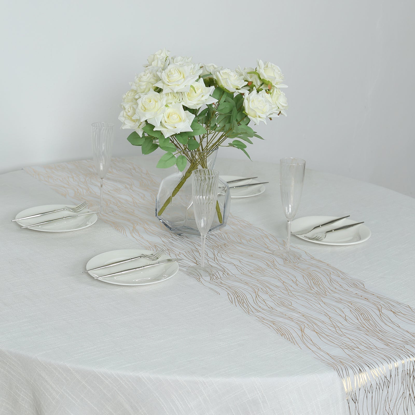 5 Pack Organza 12"x108" Table Runners White with Gold Foil Wave Design - Disposable Stylish Event Decoration