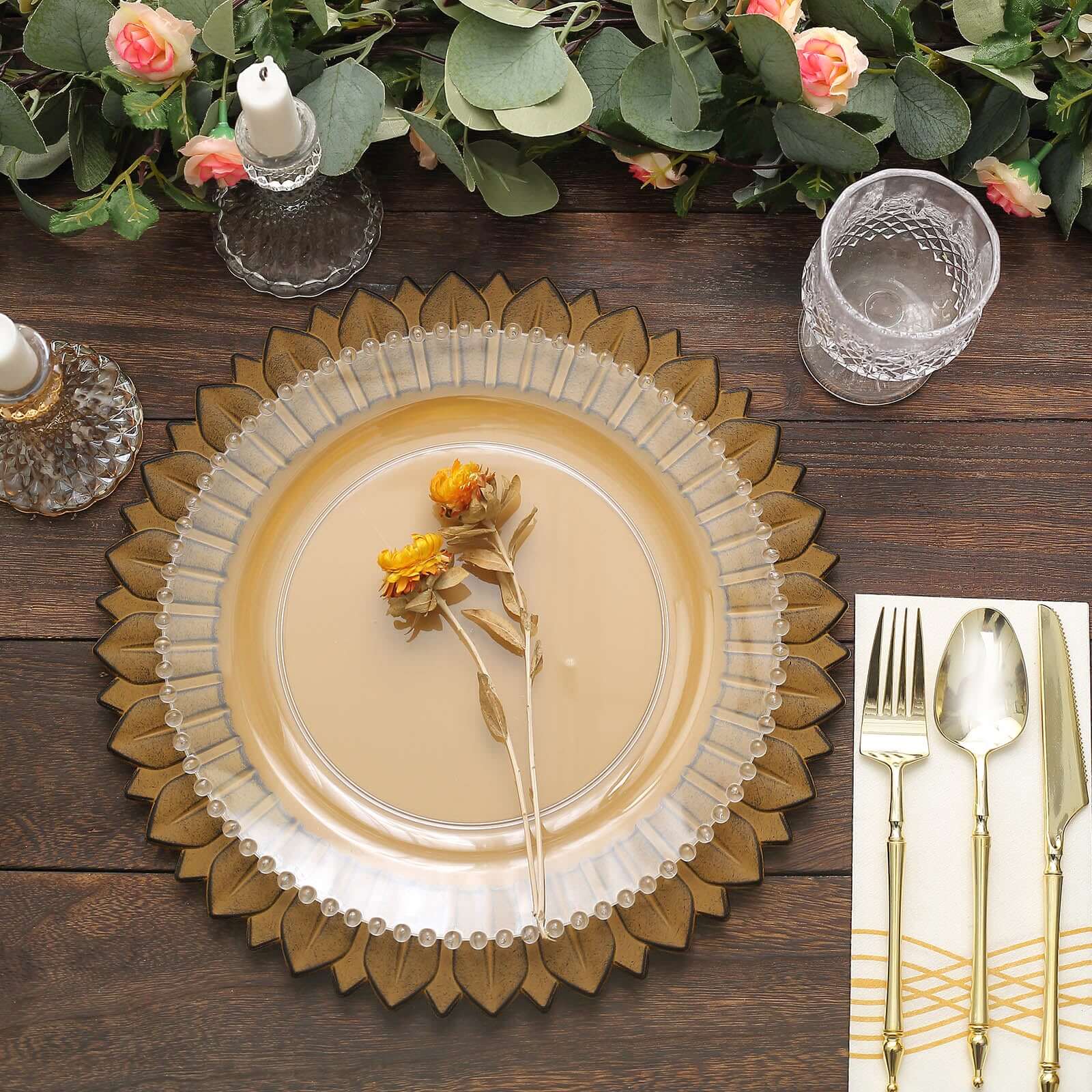 6-Pack Plastic Round Charger Plates 13" in Mustard Yellow with Sunflower Rim, Matte Finish Disposable Dinner Charger Tableware