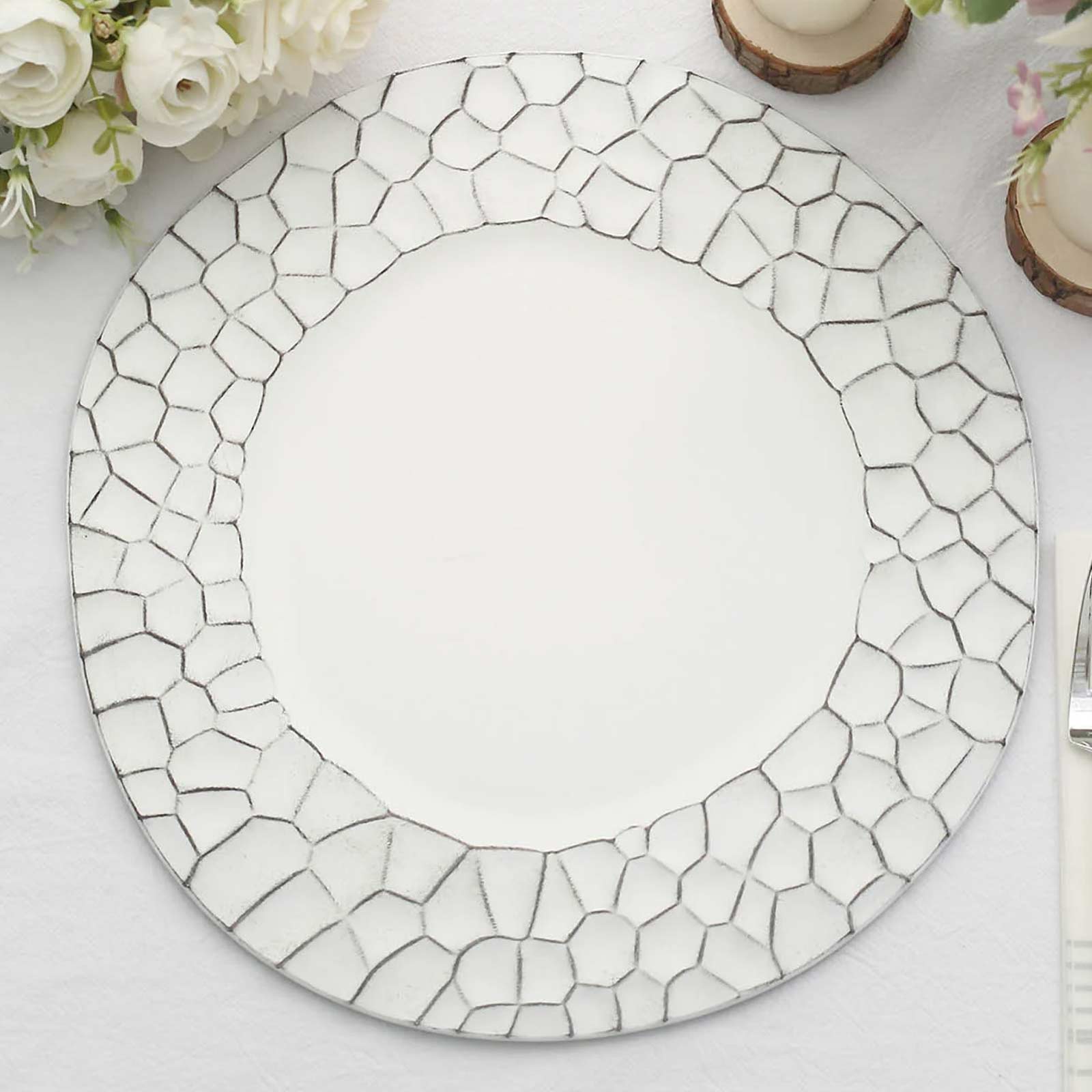 6-Pack Round Charger Plates 13" in White with Hammered Rim, Matte Finish Modern Dinner Charger Tableware