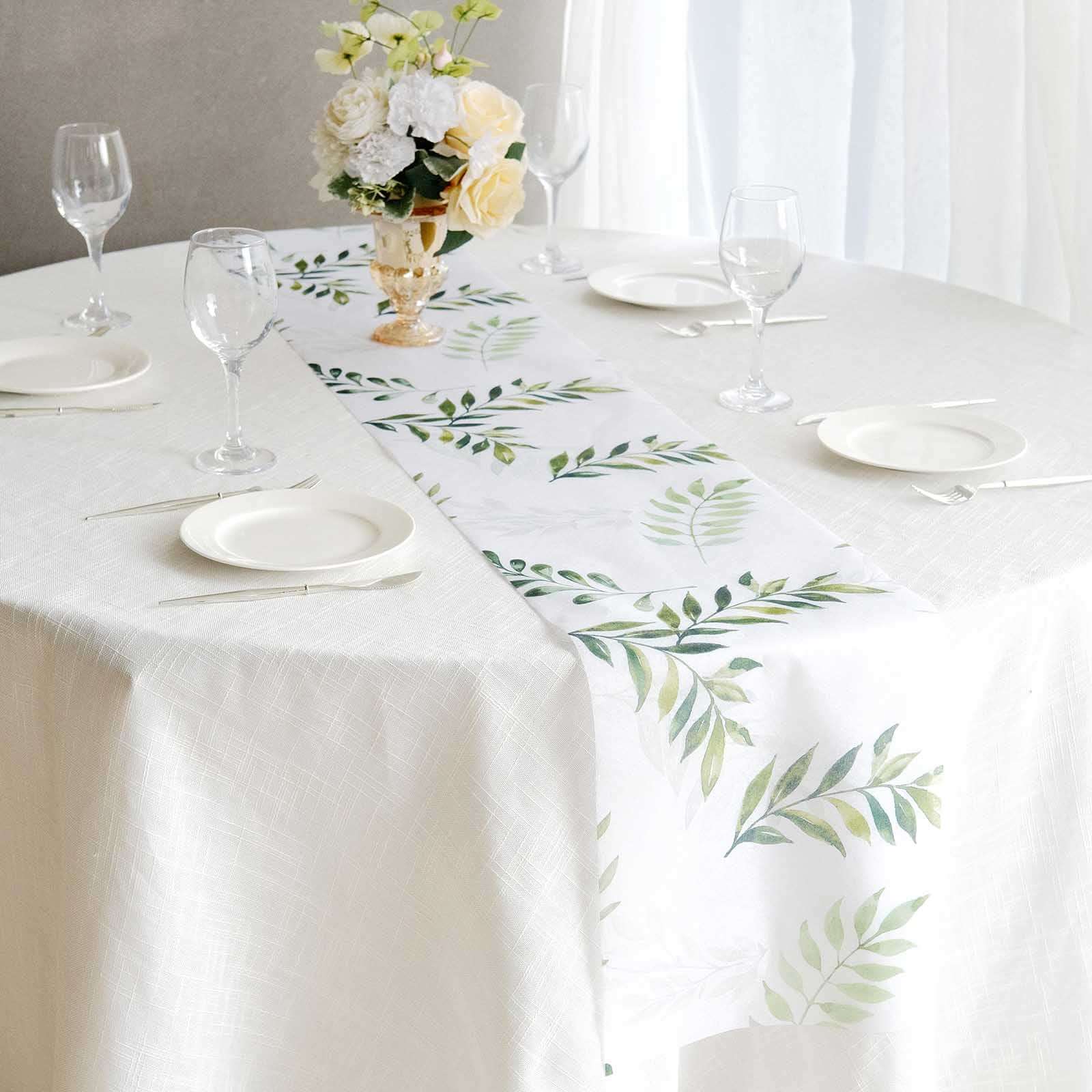 Disposable Table Runner 11"x108" White with Green Olive Leaves Print - Non-woven Stylish Spring Summer Dining Decor