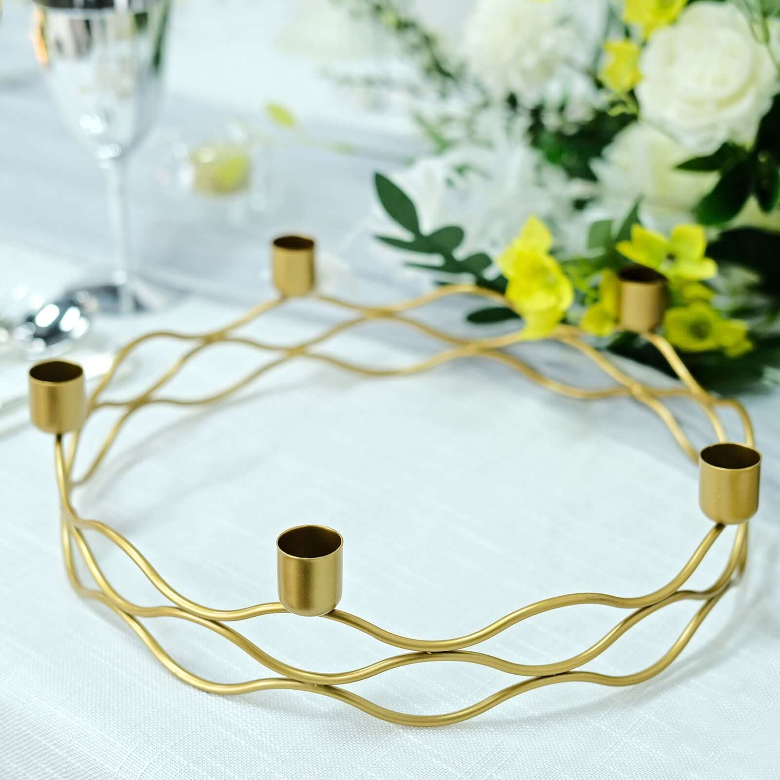 Round Wreath Taper Candelabra 5 Arm Gold Metal Decorative Centerpiece - Tabletop Candle Holder 12"