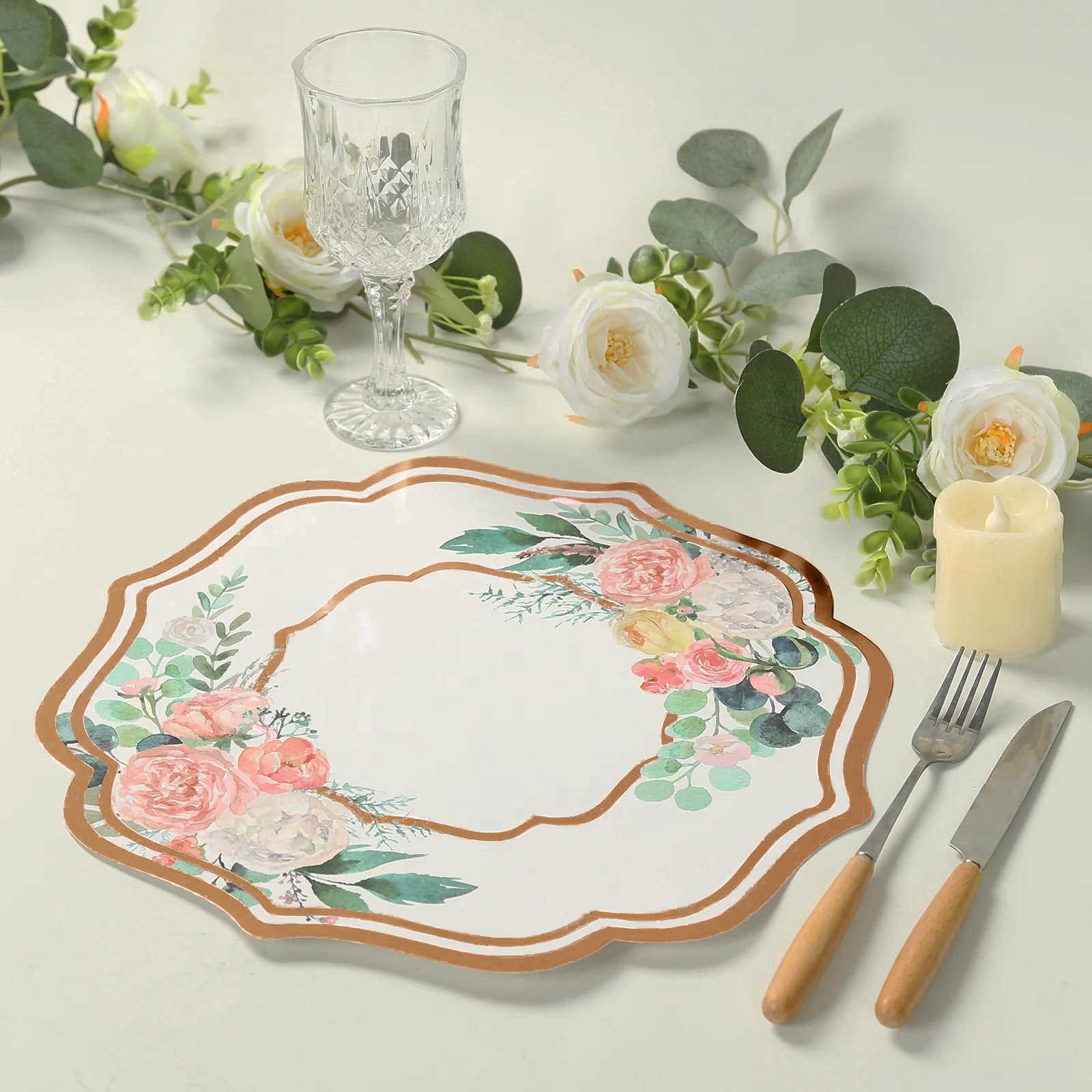 10-Pack Disposable Table Placemats in White with Peony Flowers Print & Rose Gold 13"
