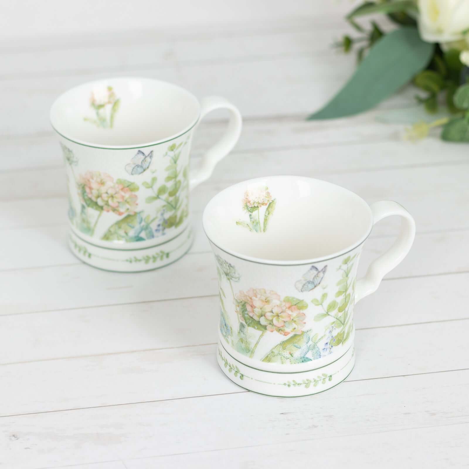 Greenery Theme Bridal Shower Gift Set, 2 Pack Porcelain Tea Cups With Matching Keepsake Gift Box and Satin Ribbon Handle