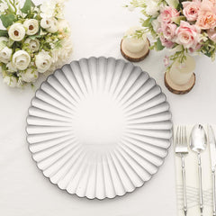 6-Pack Plastic Round Charger Plates 13" in Silver with Scalloped Shell Pattern, Coastal Inspired Disposable Charger Tableware