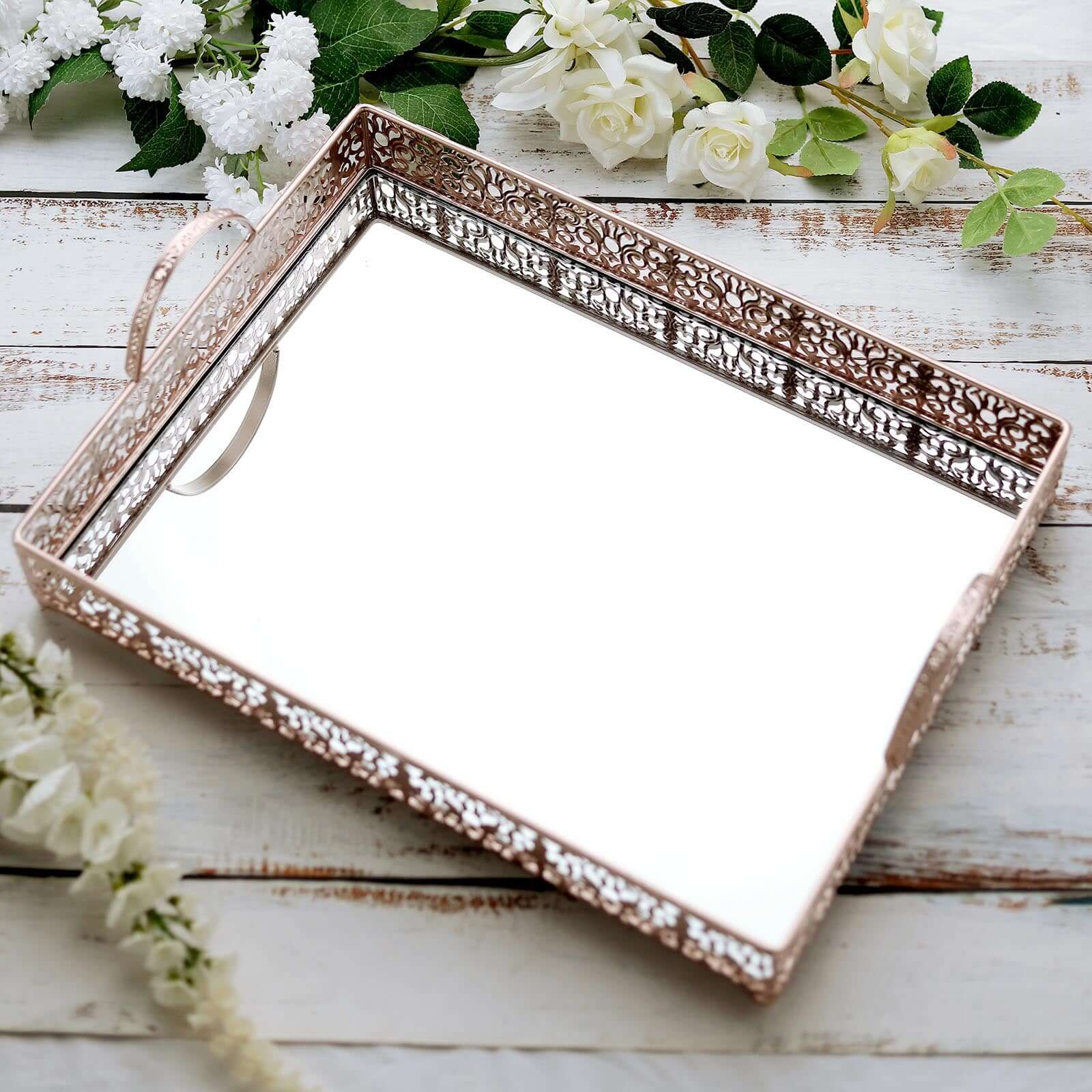 Metal Mirrored Rectangle Serving Tray 16"x12" in Rose Gold Fleur De Lis Design with Handles, French Inspired Decorative Vanity Tray Centerpiece