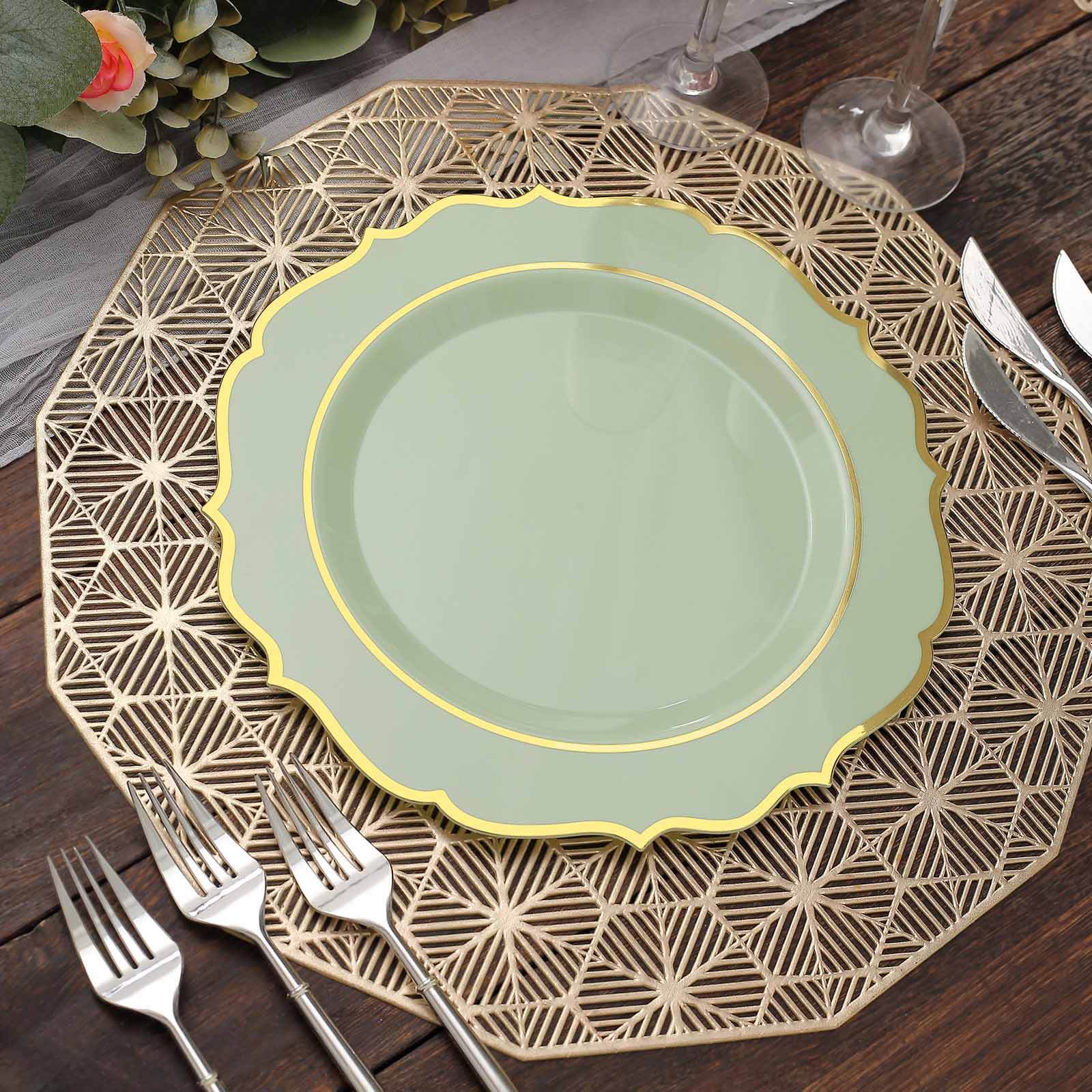 10-Pack Plastic 10" Round Dinner Plates in Sage Green with Gold Scalloped Rim - Disposable Party Plates