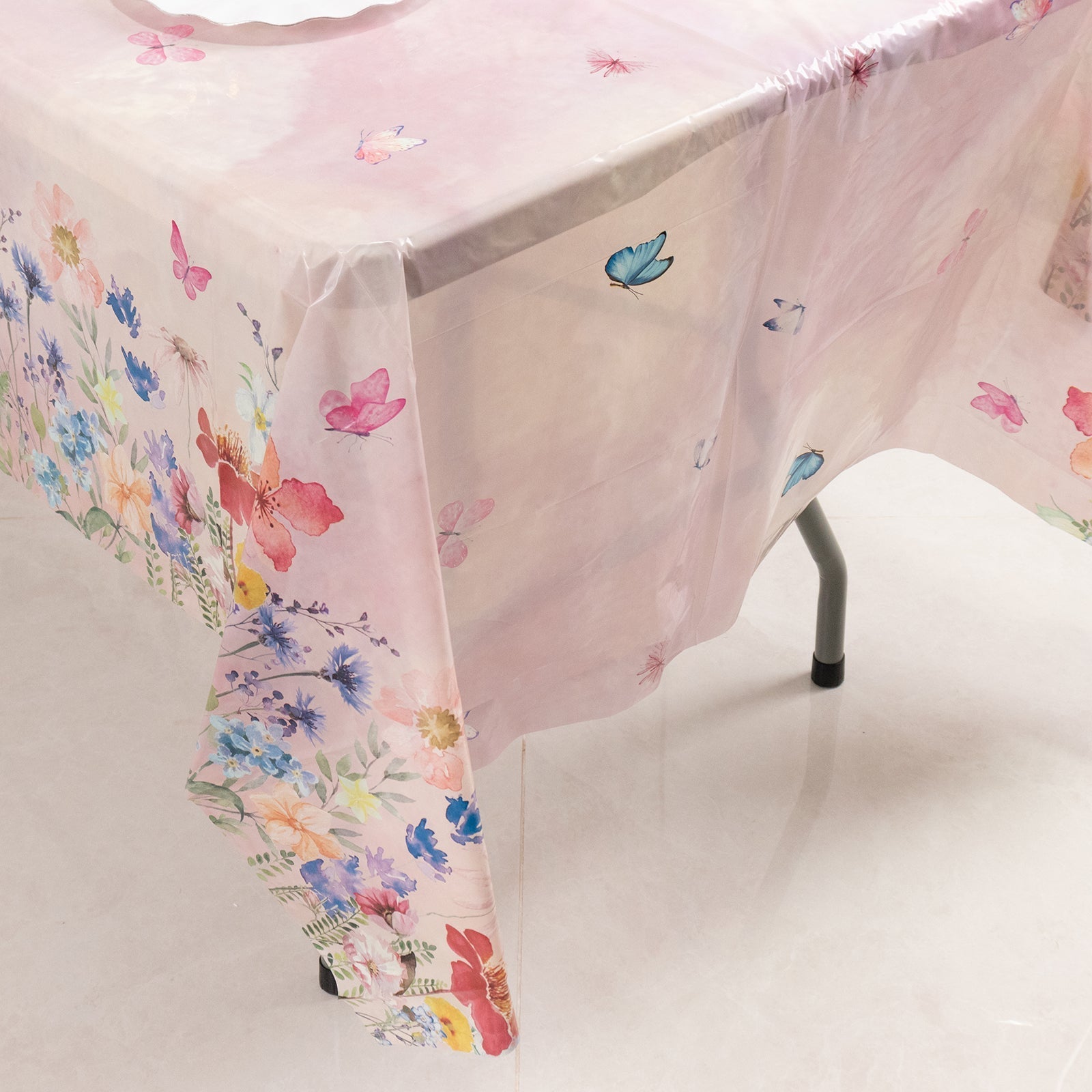 5-Pack Plastic Table Covers Blush Rectangle with Butterfly Floral Print - Decorative PVC Disposable Covers 54"x108"
