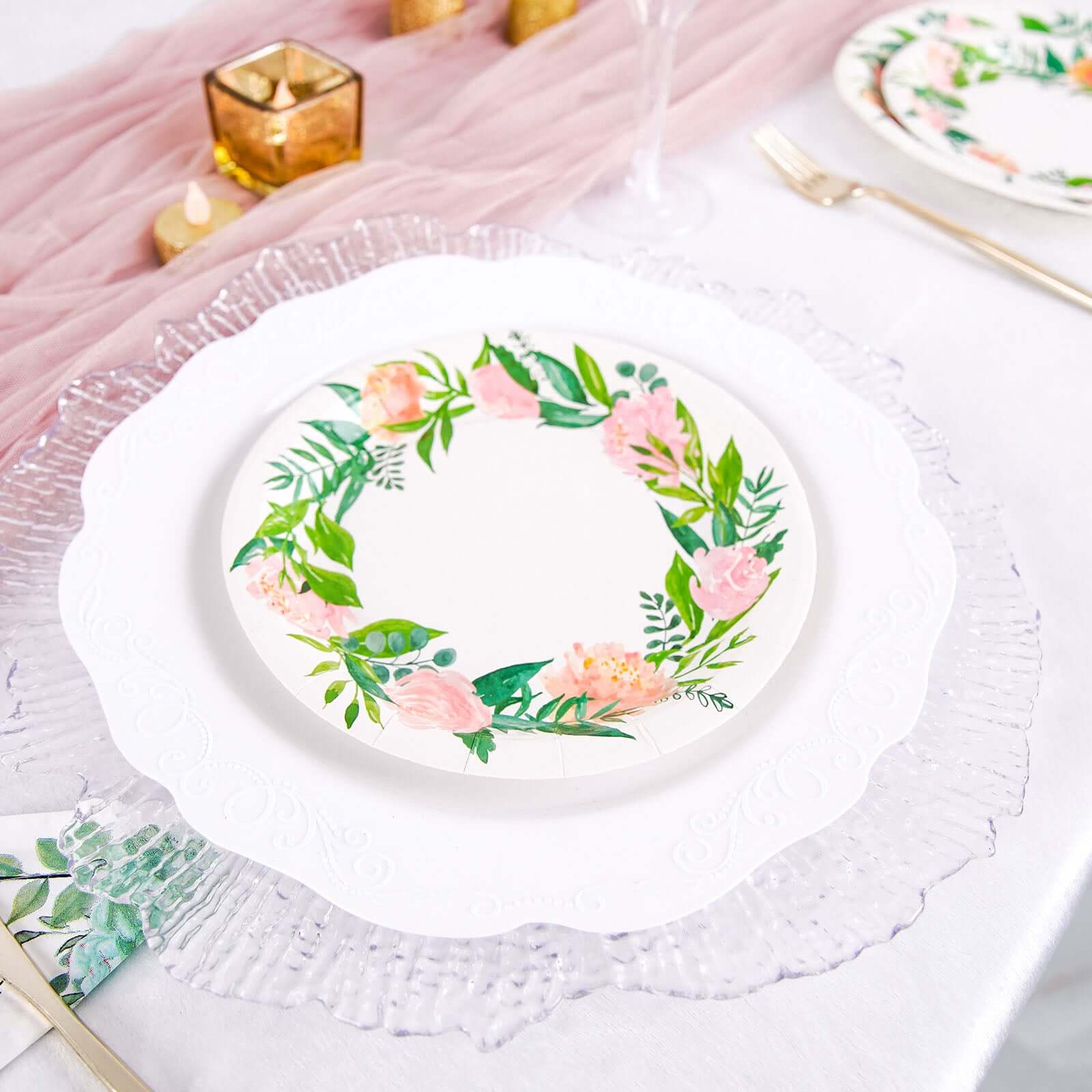 25-Pack Paper 7" Round Dessert Plates in White with Rose/Peony Flower Wreath - Disposable Appetizer Salad Plates for Special Occasions & Gatherings