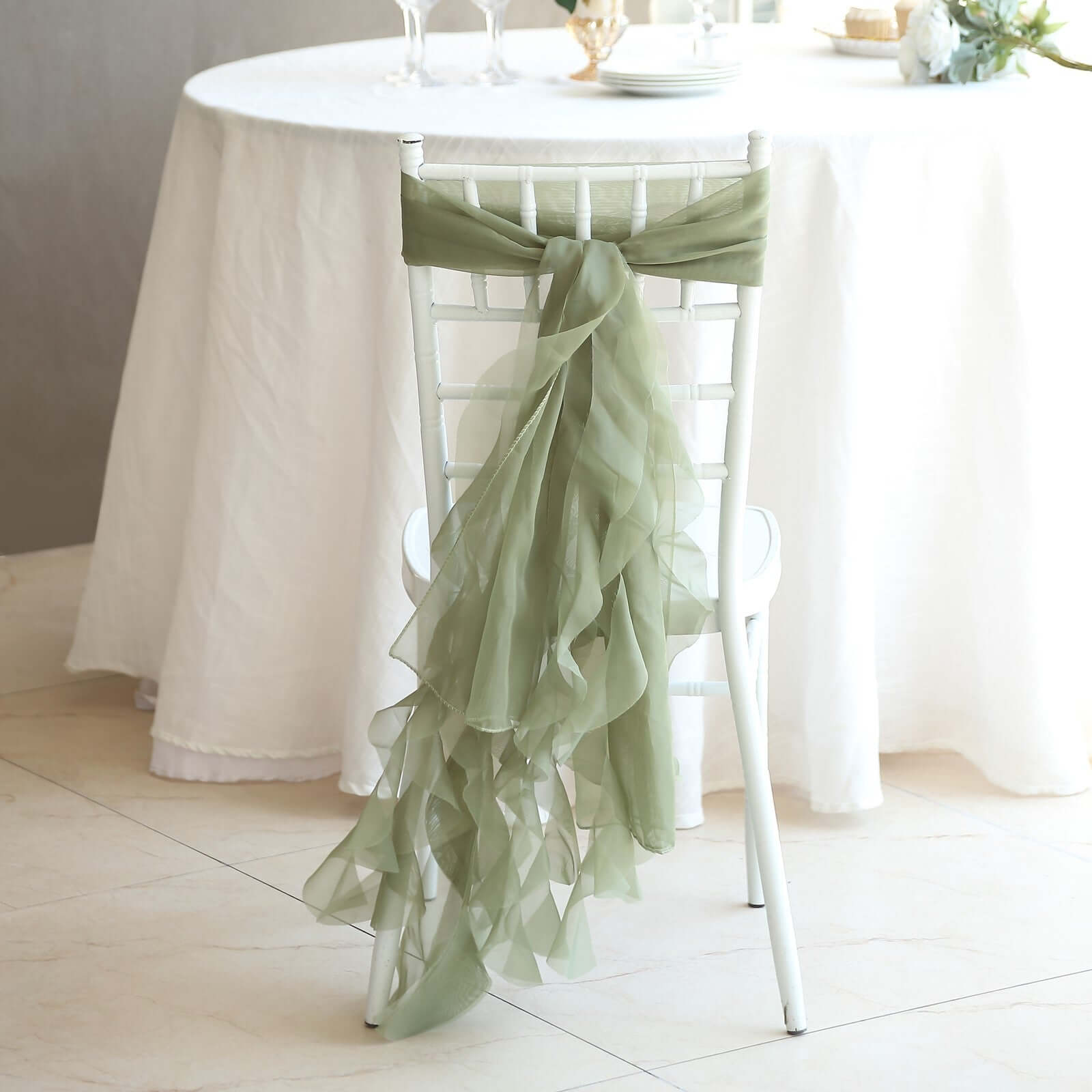Chiffon Chair Sash with Curly Design Dusty Sage Green - Stylish Chair Decorations