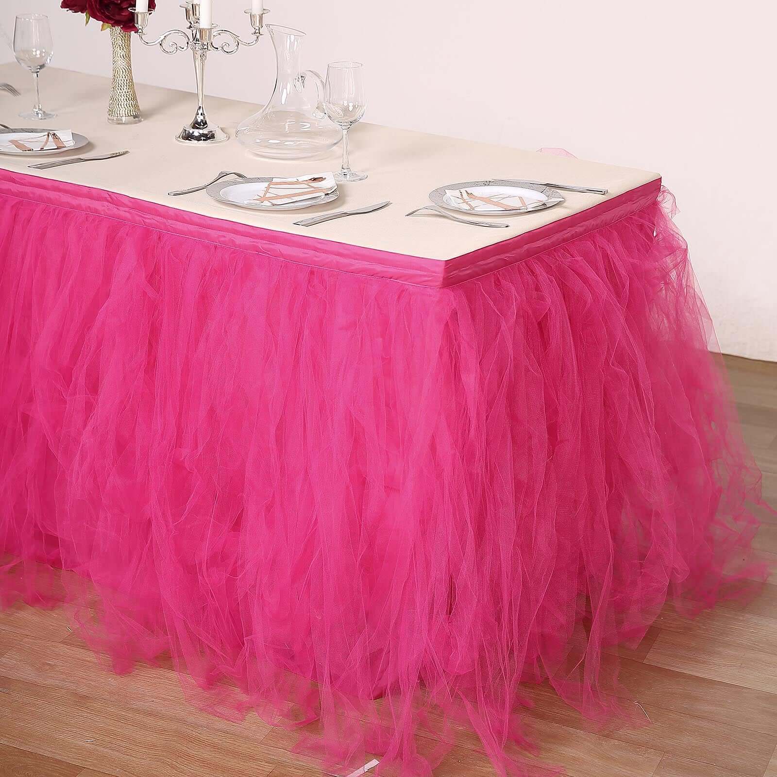 Tulle 14ft Table Skirt Fuchsia - 4 Layer Pleated Tutu Table Cover