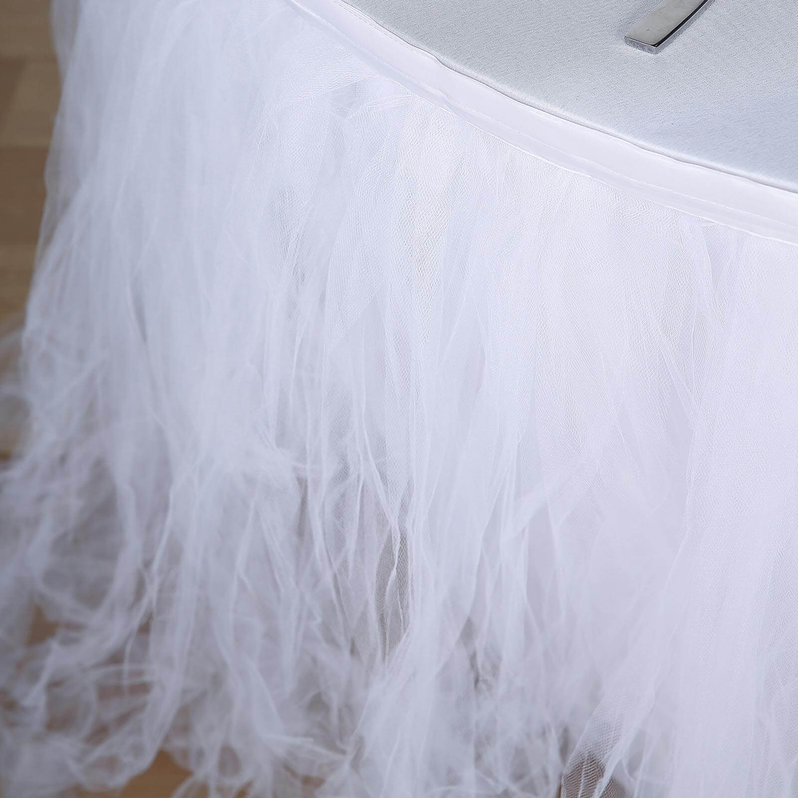 Tulle 21ft Table Skirt White - 4 Layer Pleated Tutu Chic & Soft Event Table Cover