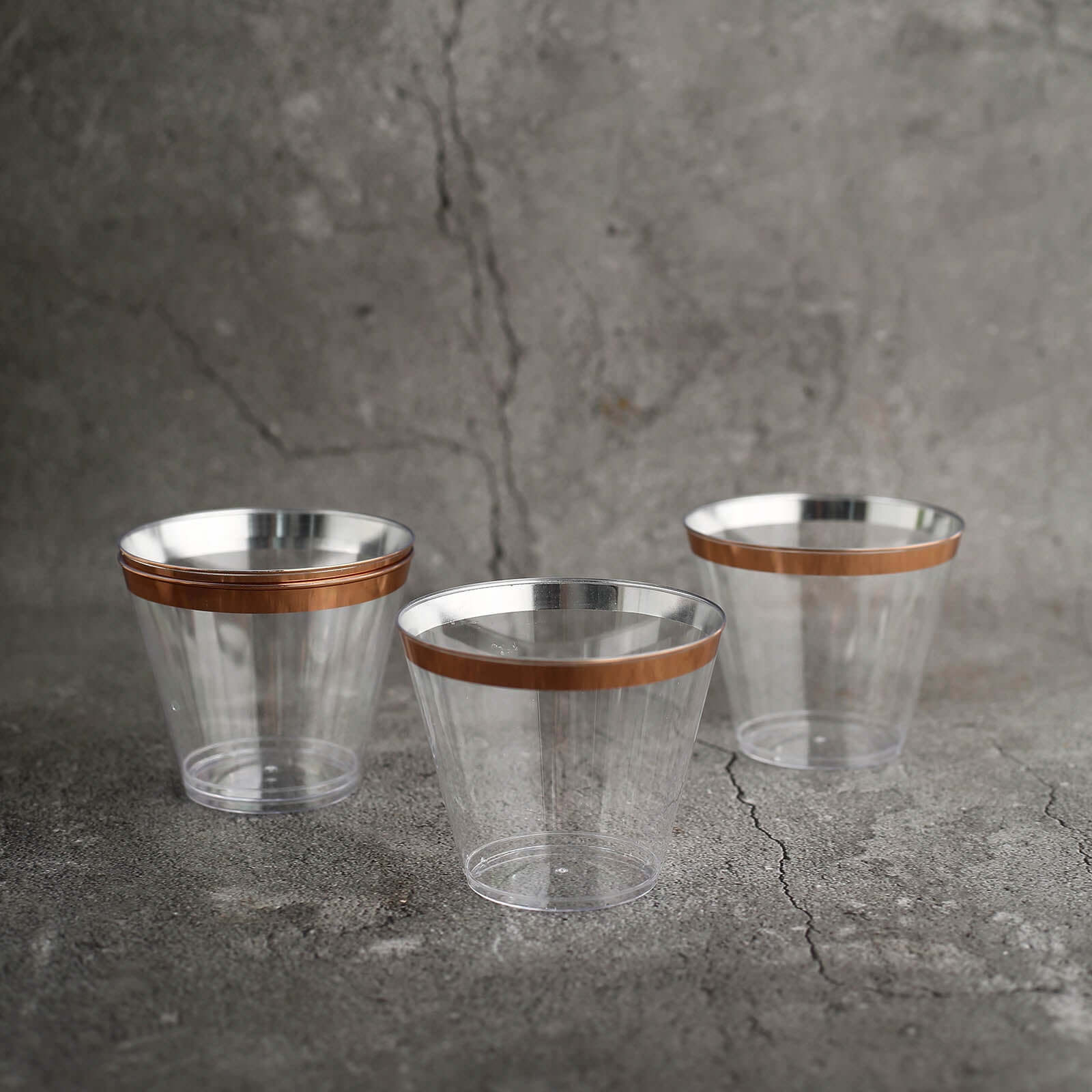 12-Pack Plastic Party Squat Cups Clear with Rose Gold Rim - Stylish Disposable Tumblers for Banquets & Special Occasions 10oz